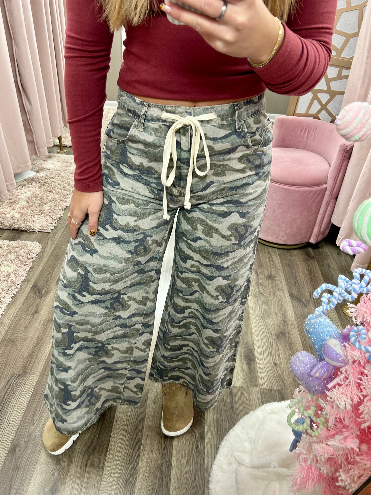Camo Drawstring Wide Pants