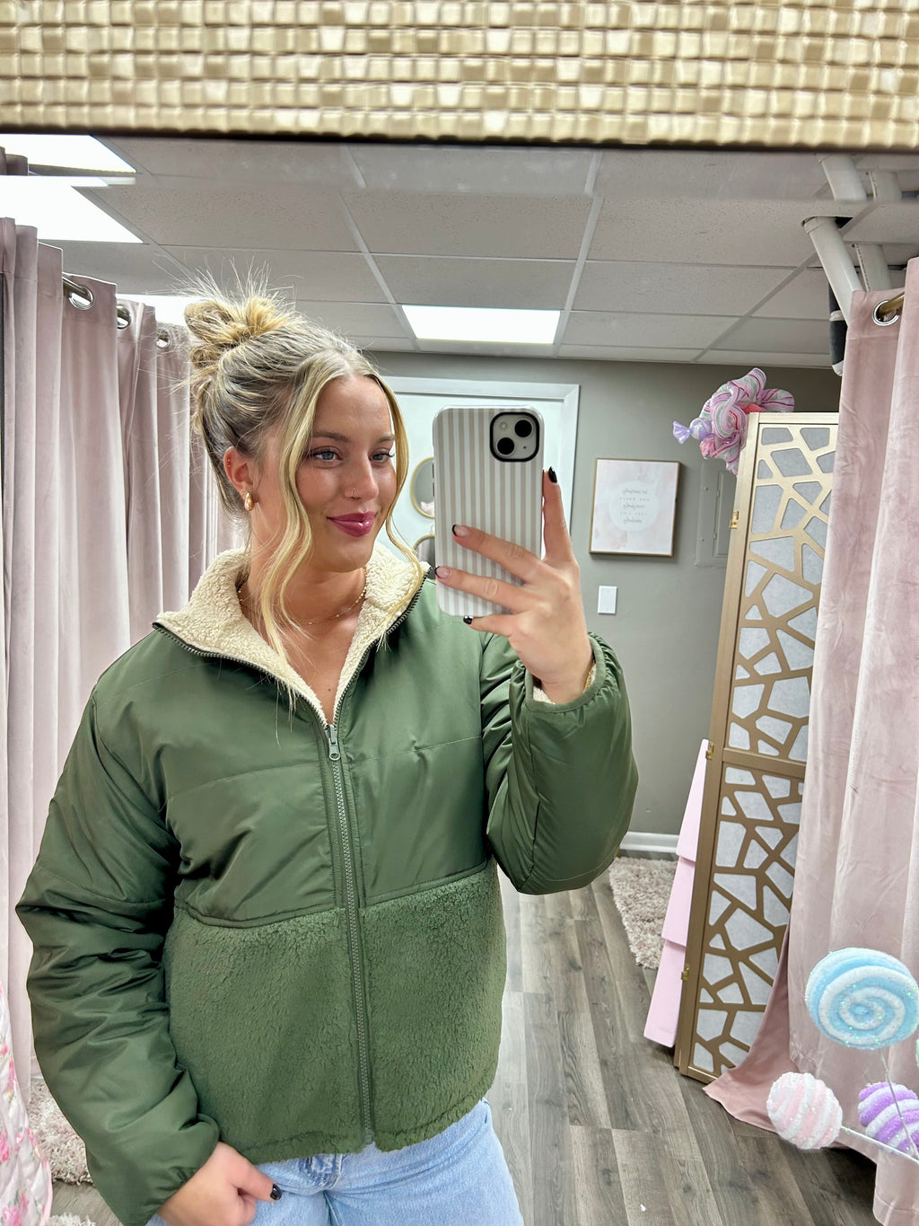 Fleece Block Zip Up Coat