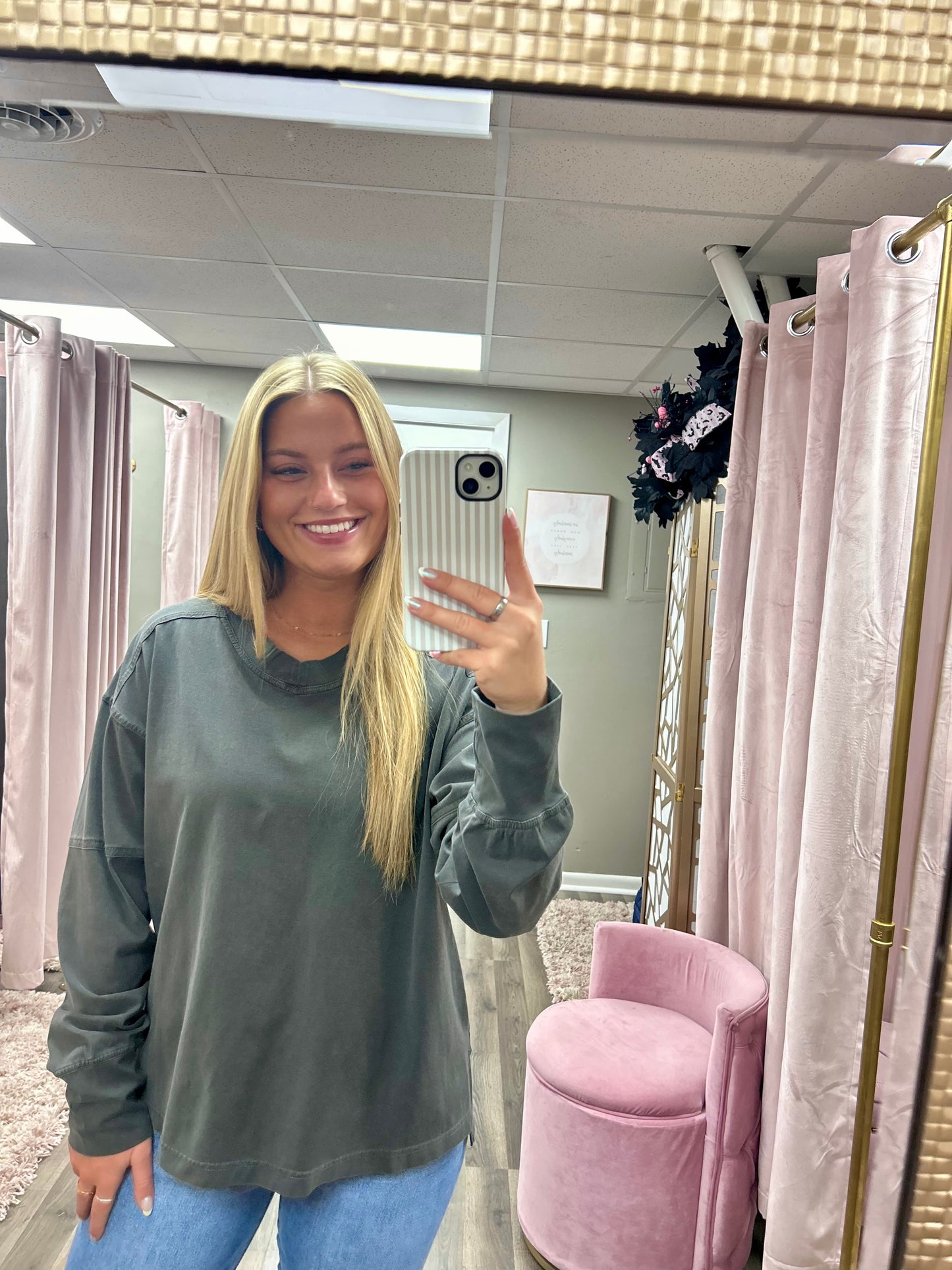 Pigment Washed V Neck Long Sleeve