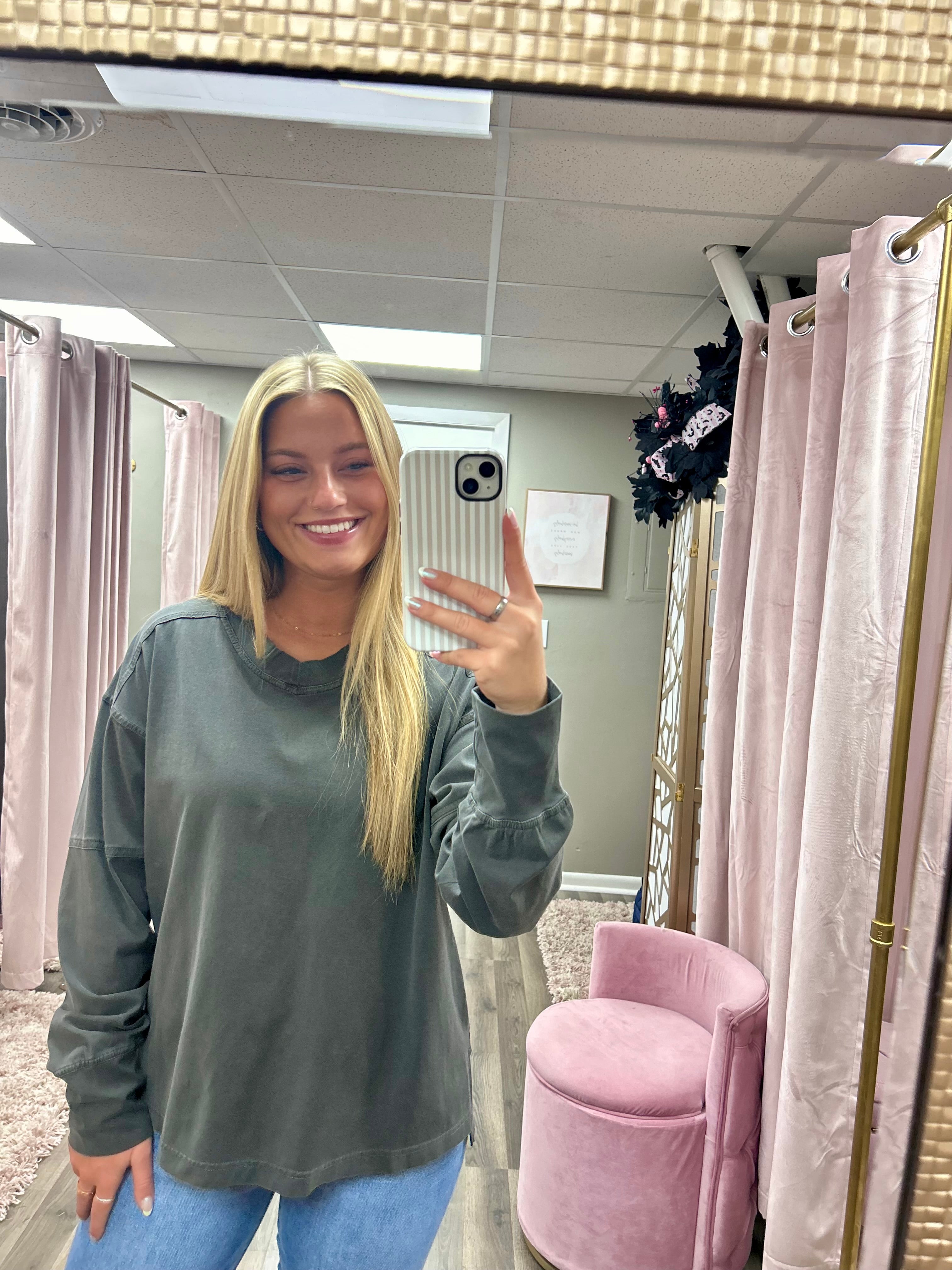 Pigment Washed V Neck Long Sleeve