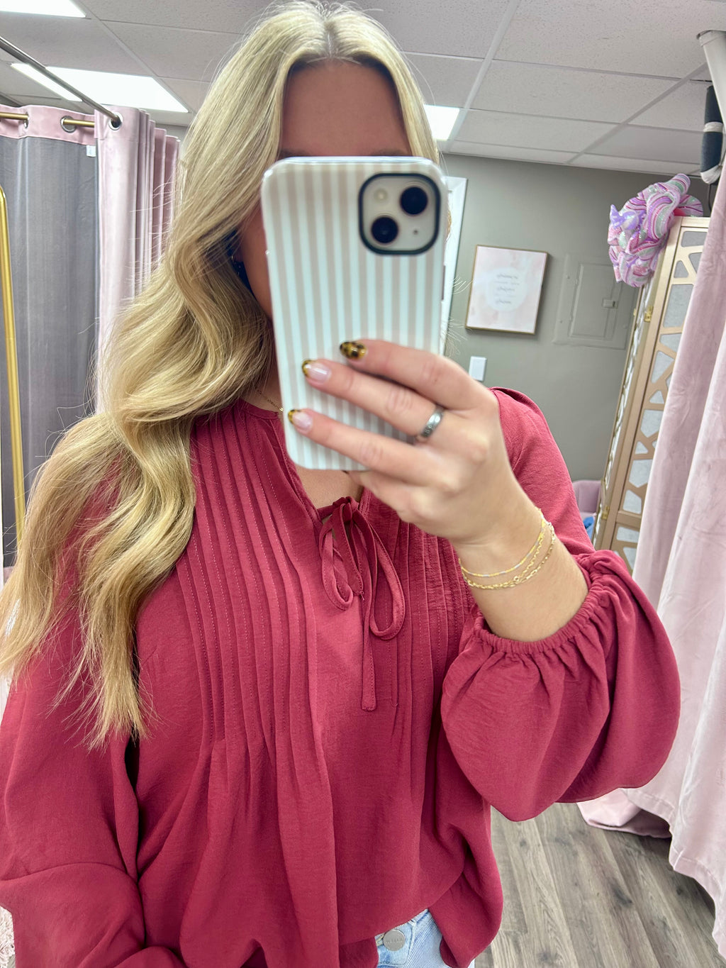 Pintuck V Neck Woven Blouse