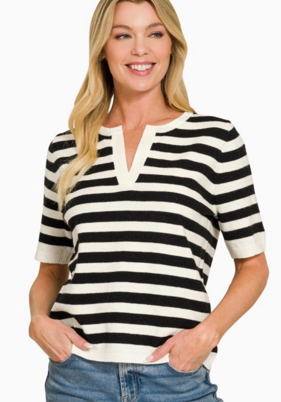 Split Neck Short Sleeve Sweater