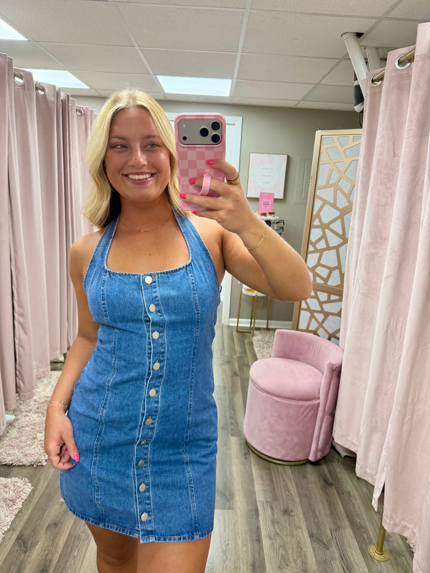Button Front Halter Denim Mini Dress