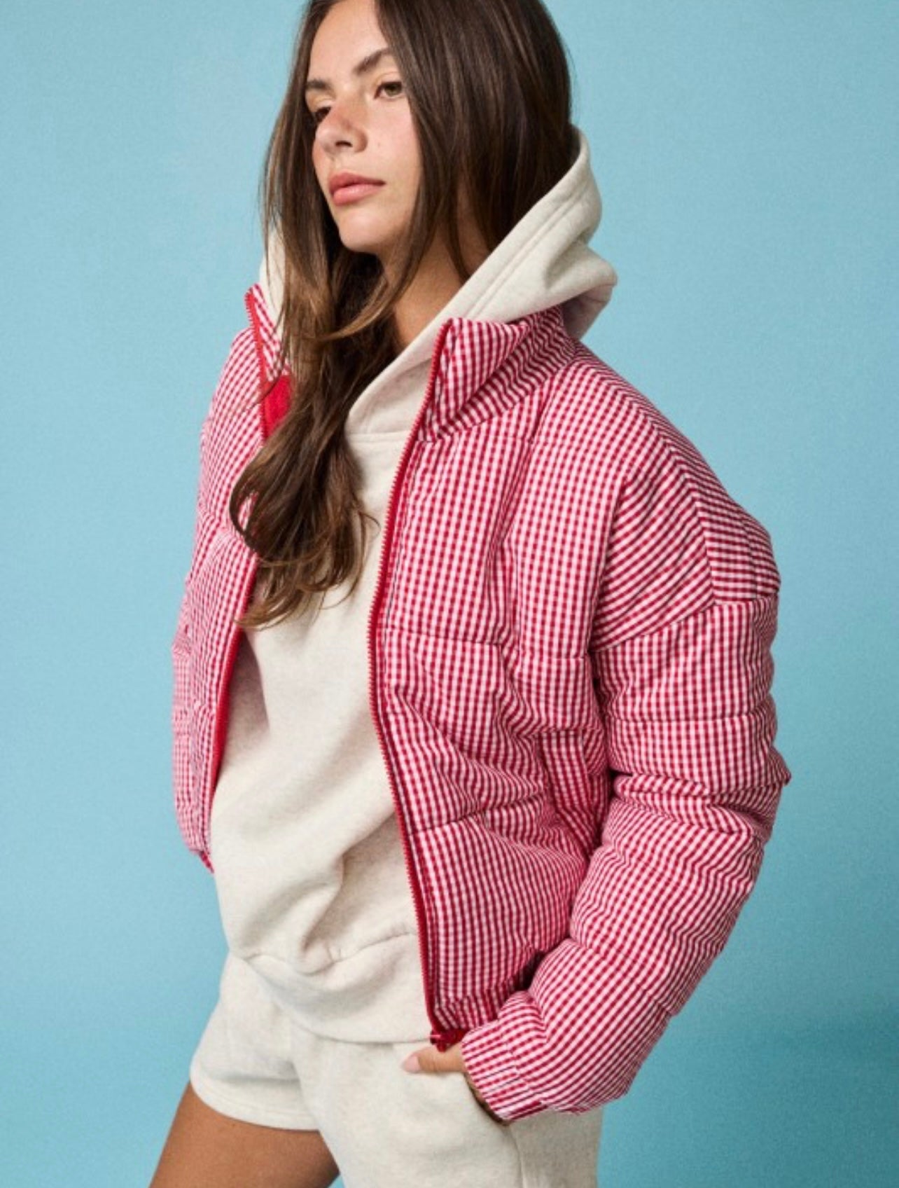 Gingham Zip Up Puffer Jacket