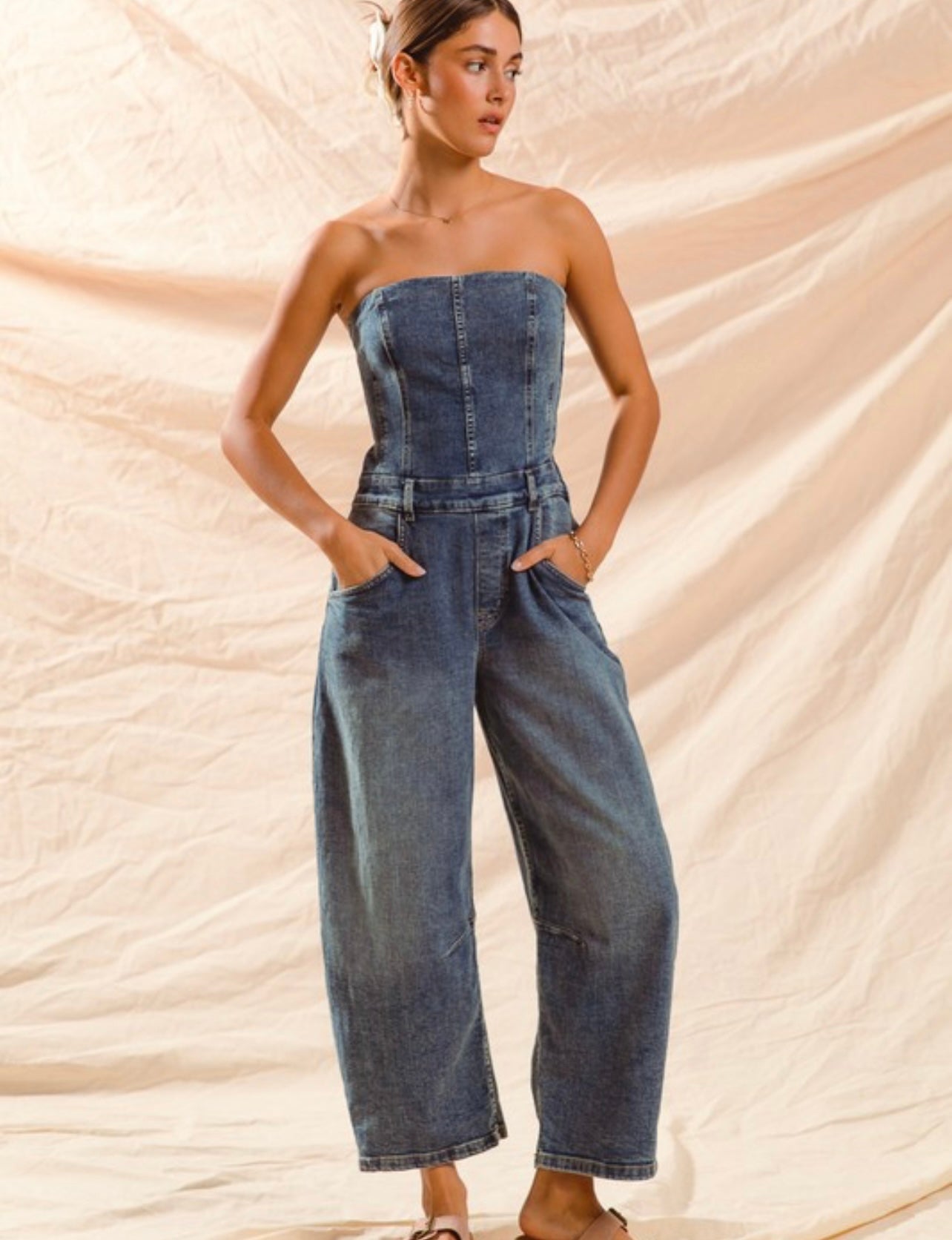 Strapless Barrel Denim Jumpsuit