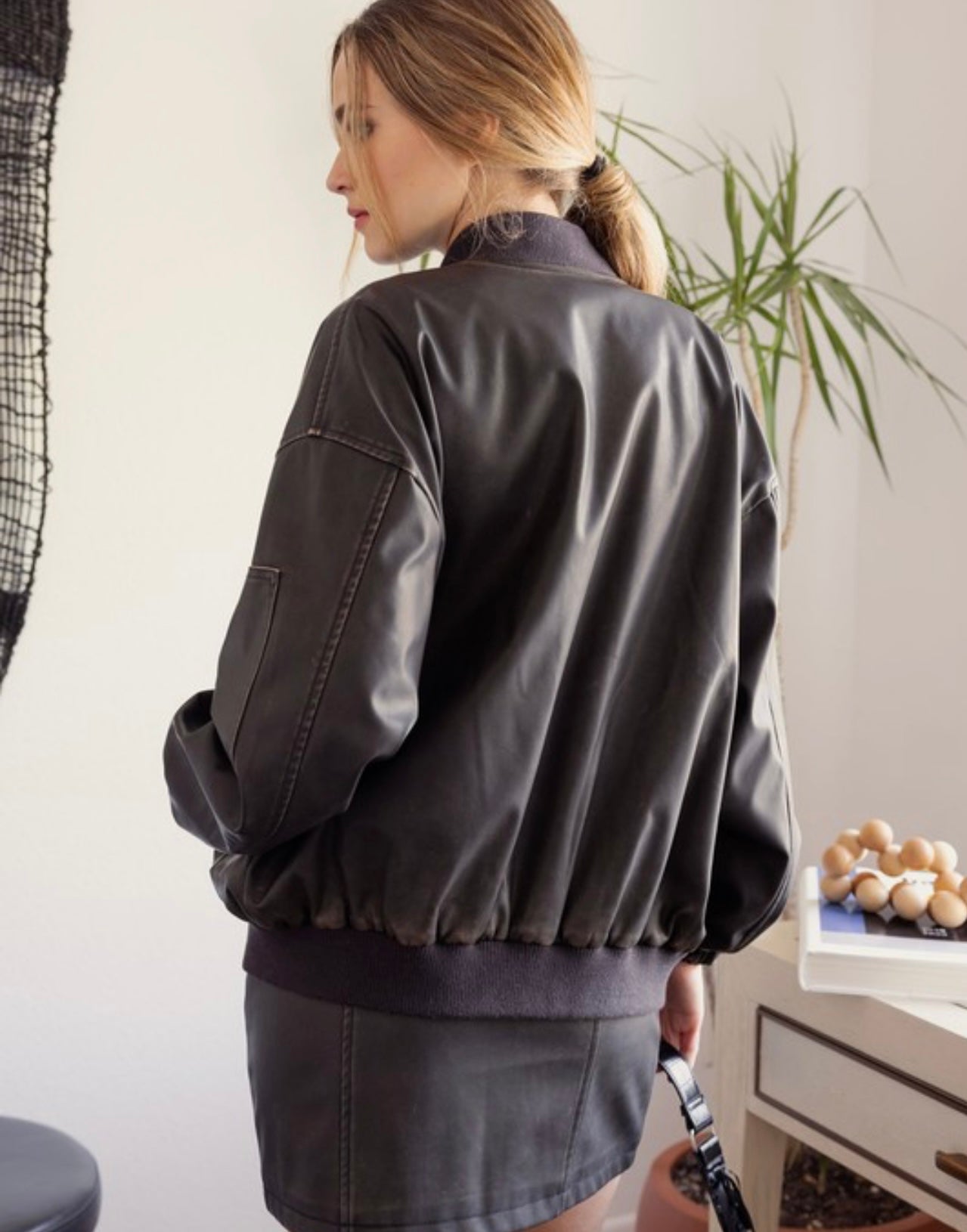 Oversized Faux Leather Bomber Jacket