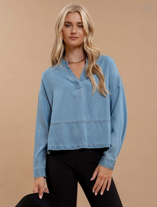 Denim Split Neck Top