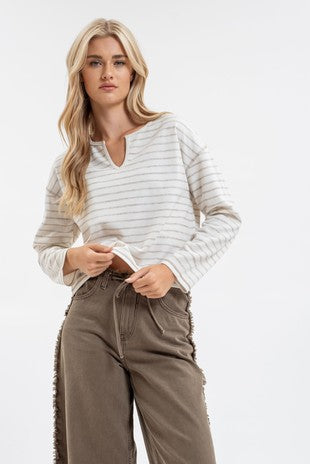 Stripe Split Neck Knit Top