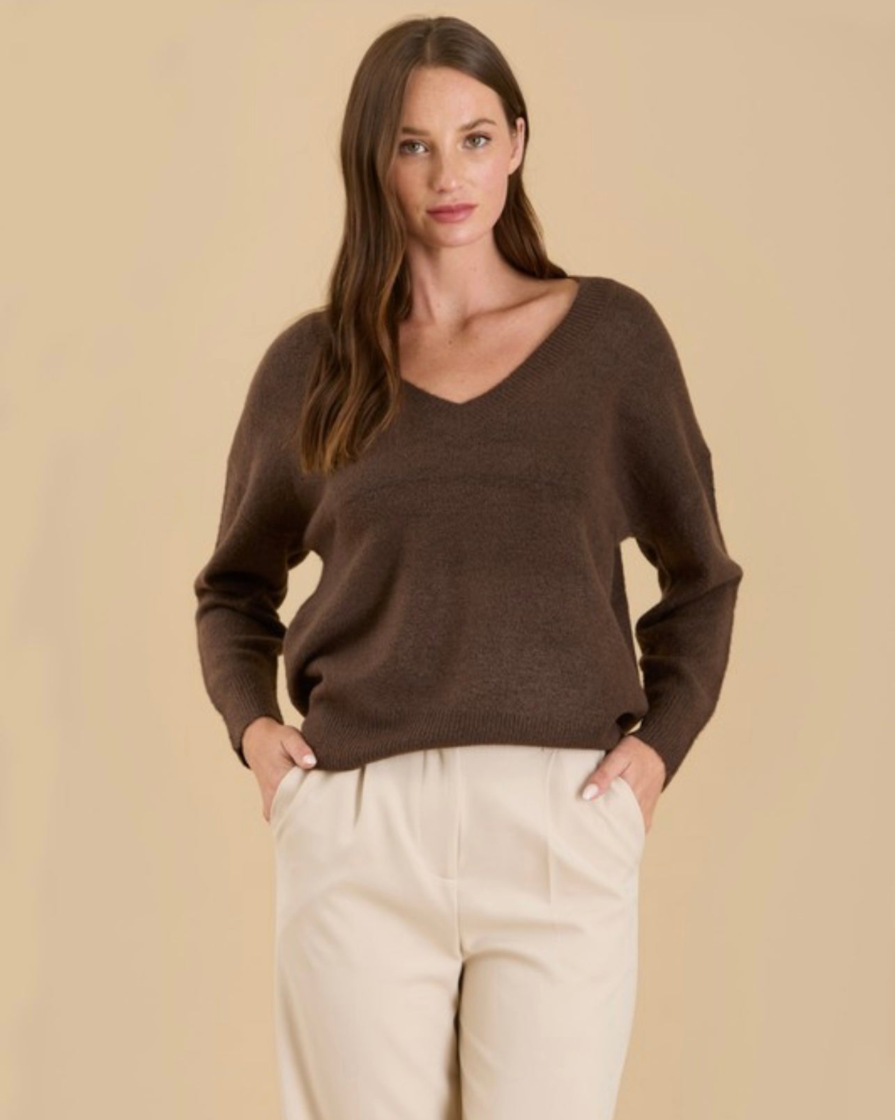 Solid V Neck Drop Shoulder Sweater