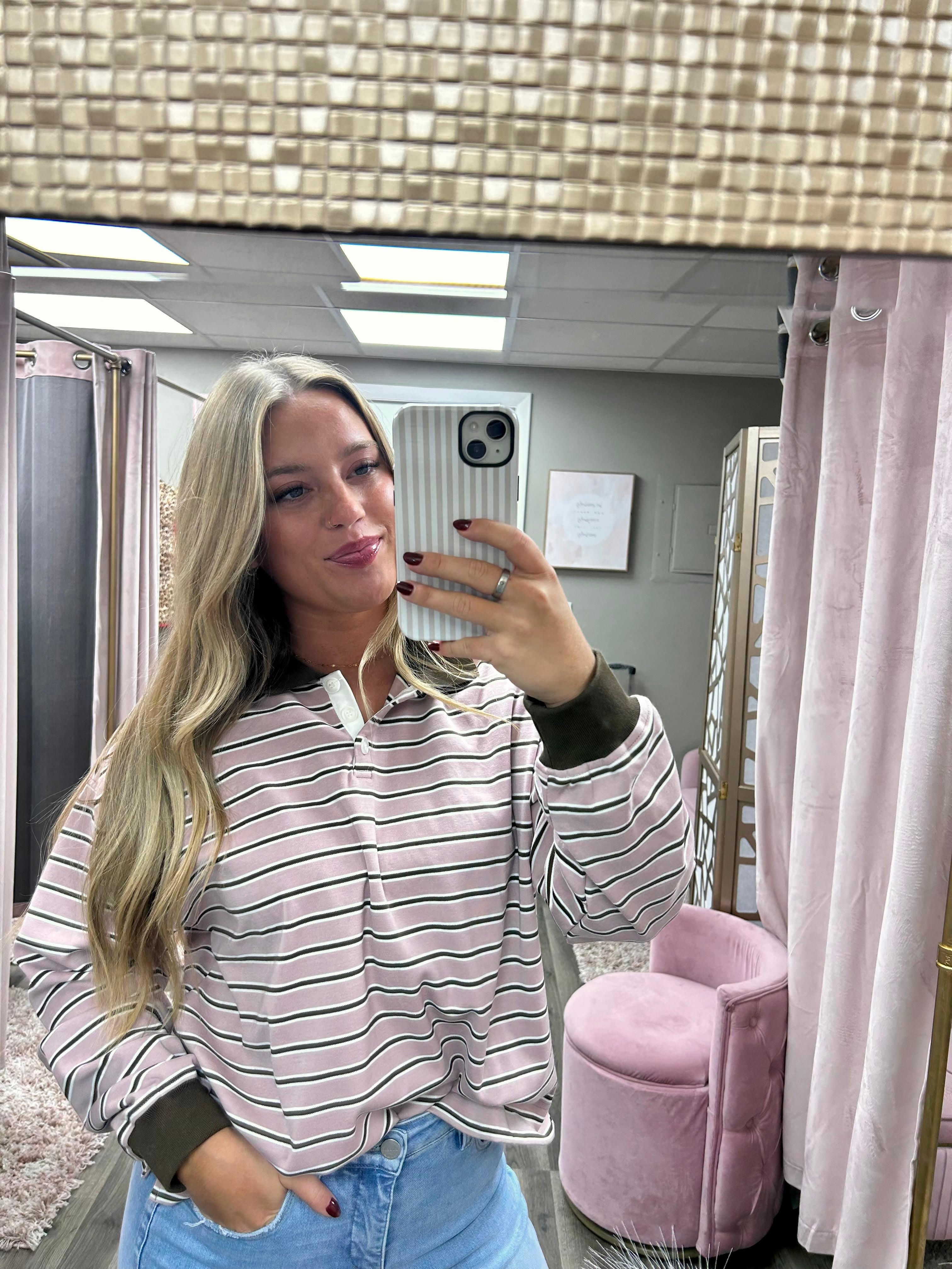 Quarter Button Stripe Long Sleeve