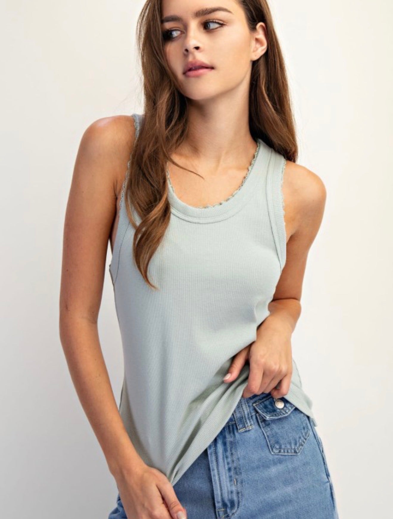 Ribbed Knit Lace Lined Tank