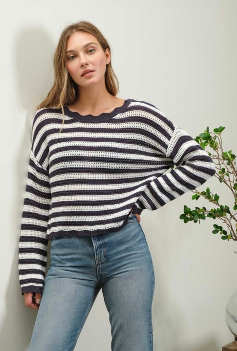 Stripe Scallop Trim Sweater