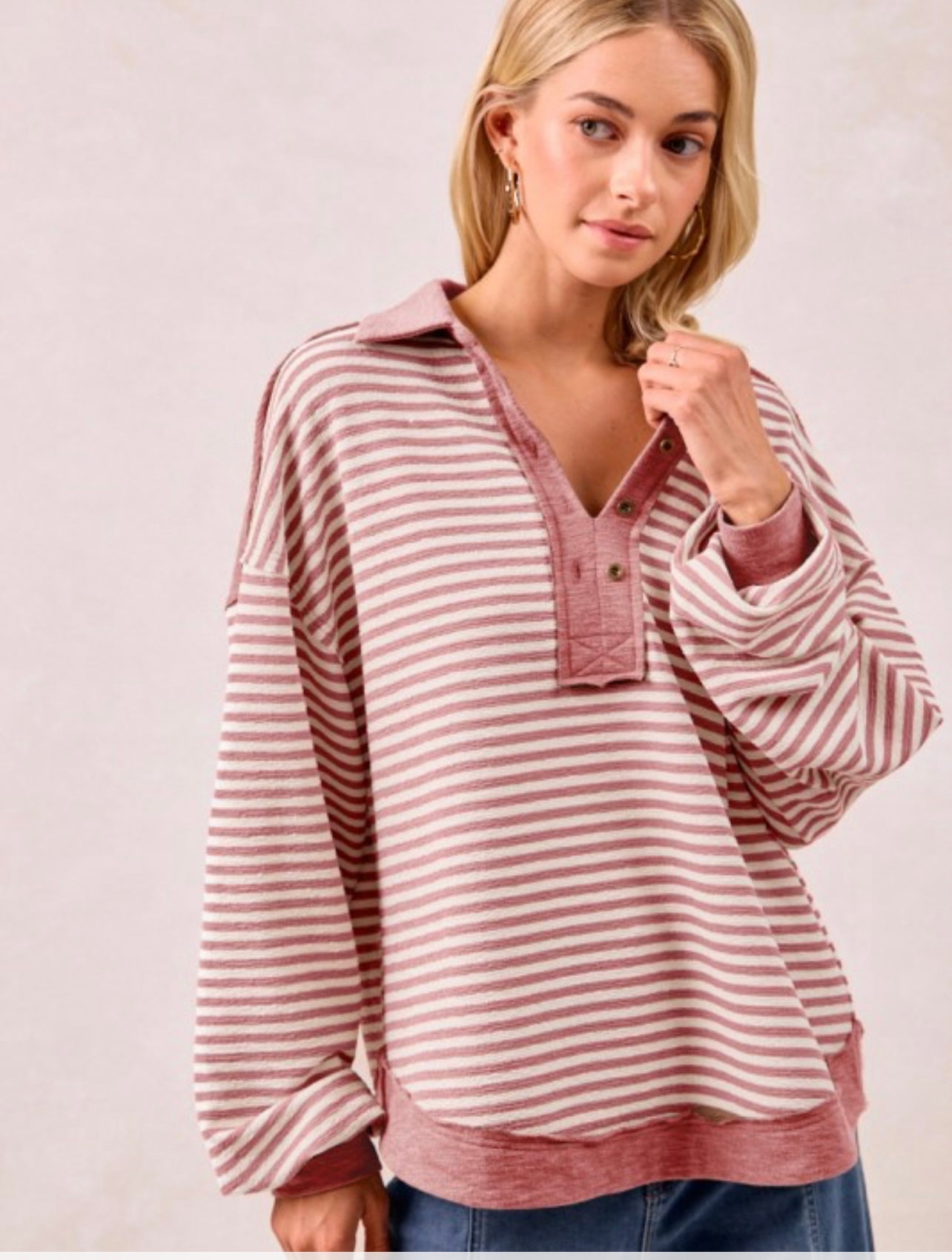 Slub Knit Stripe Collared Top