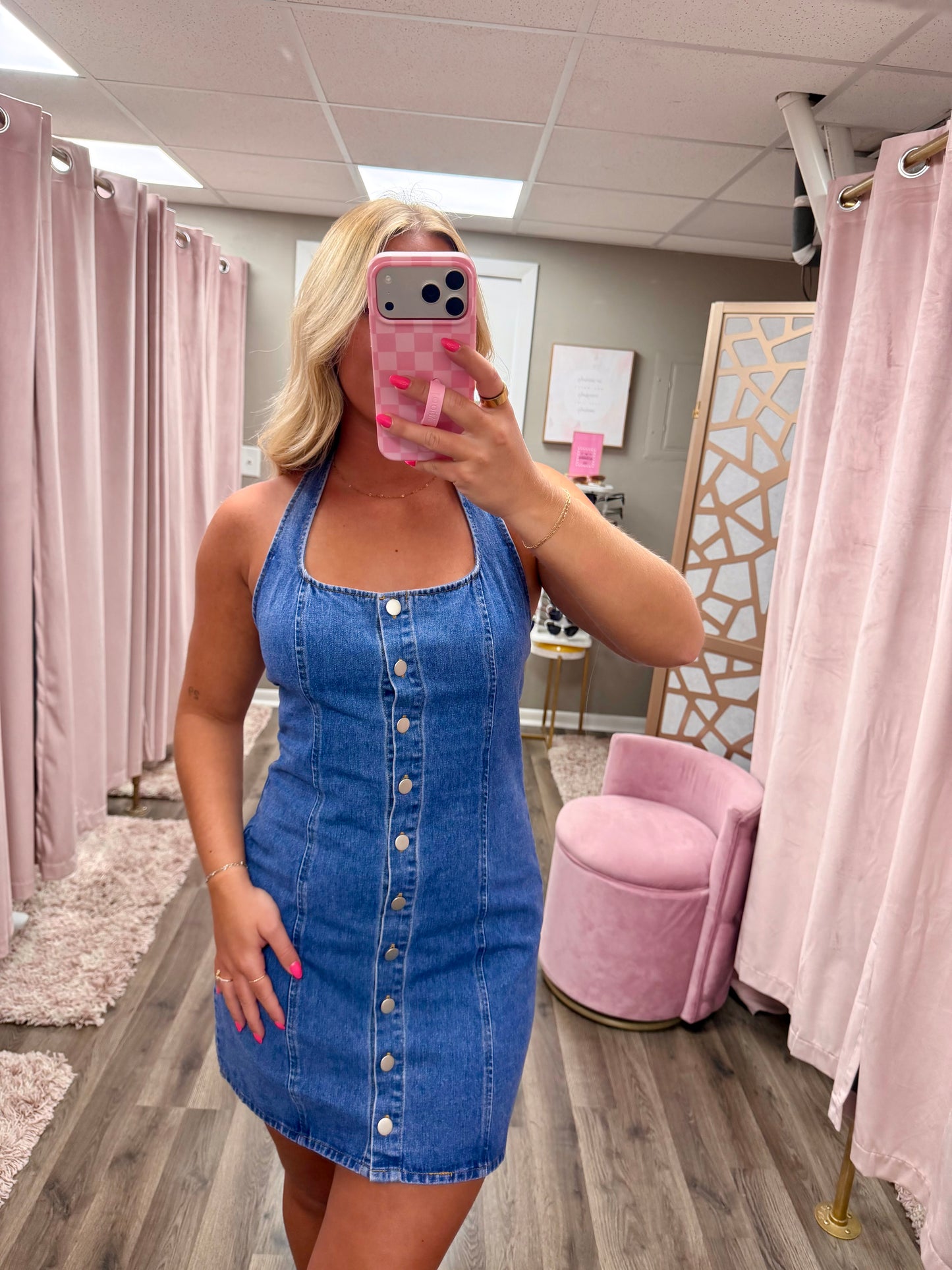 Button Front Halter Denim Mini Dress