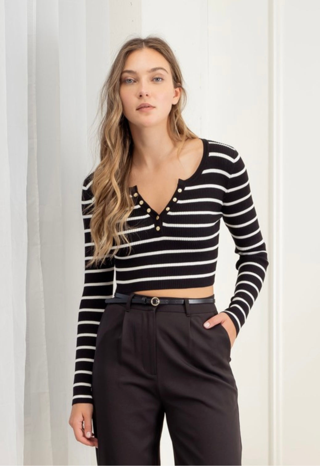 Stripe Henley Knit Crop Top