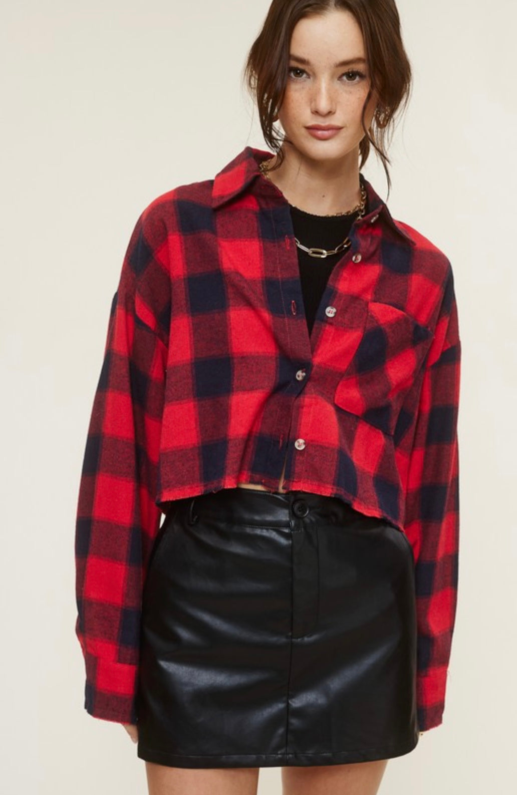 Cropped Plaid Raw Hem Top