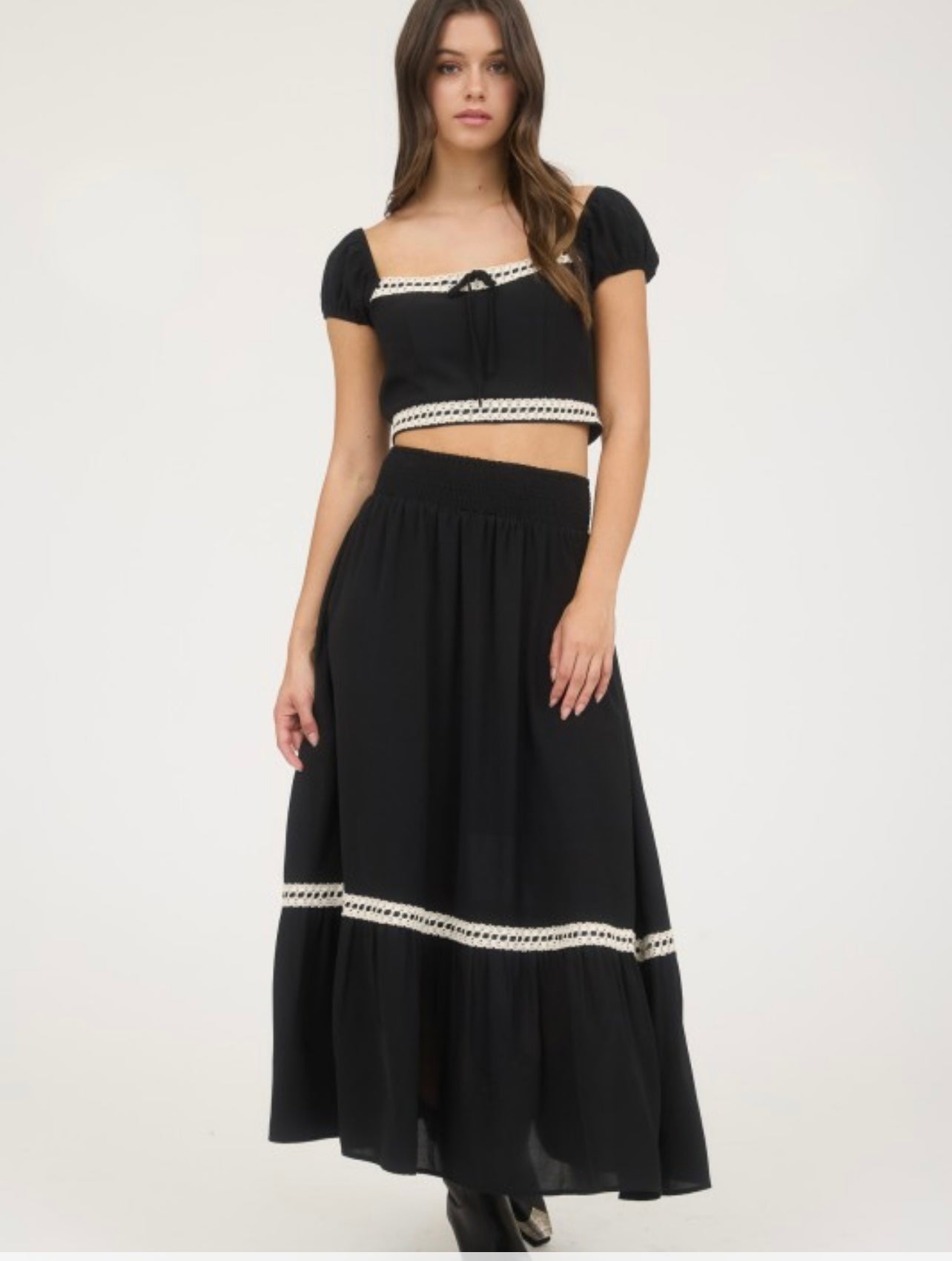 Contrast Lace Trim Midi Skirt