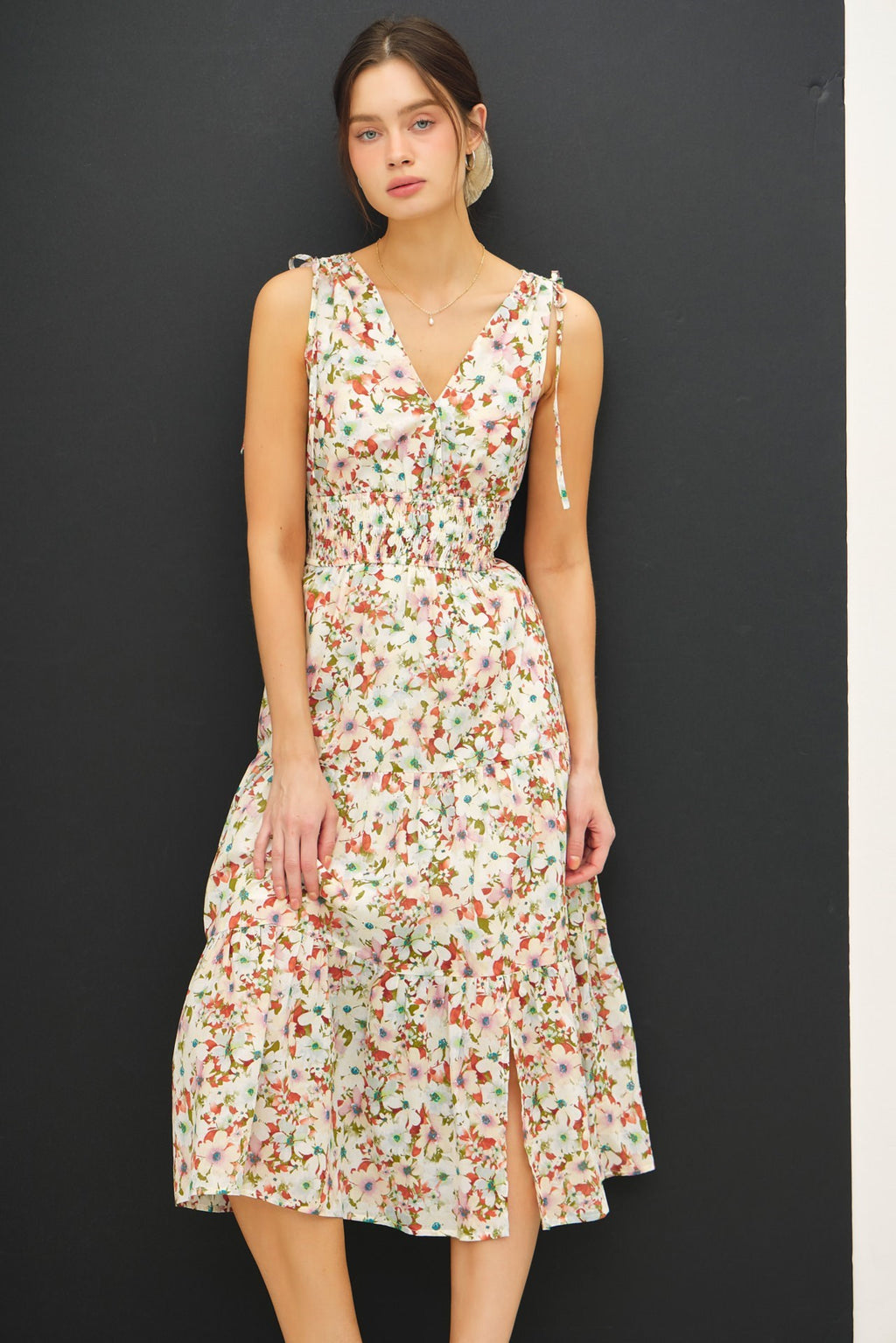 V Neck Floral Midi Dress