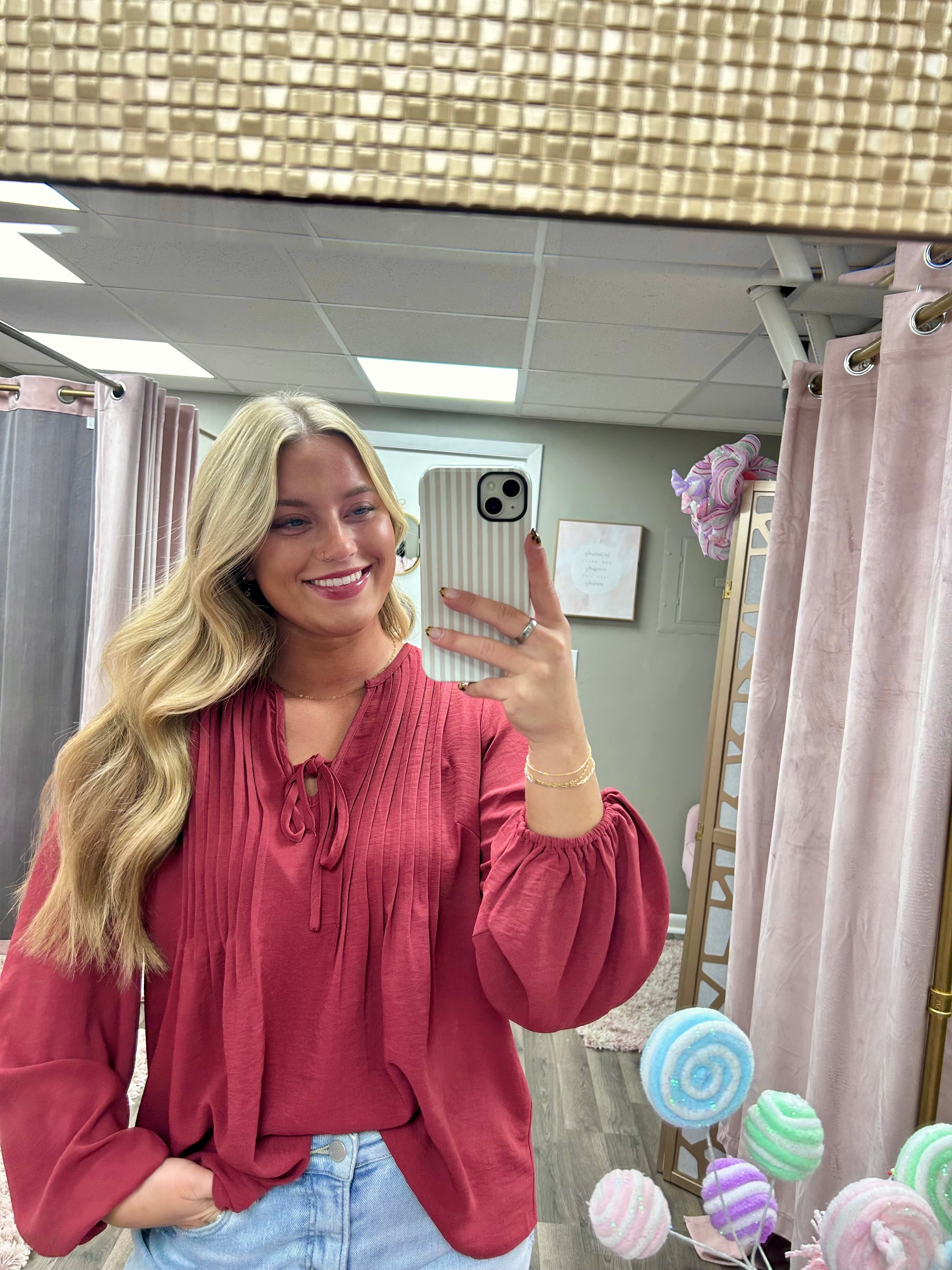 Pintuck V Neck Woven Blouse