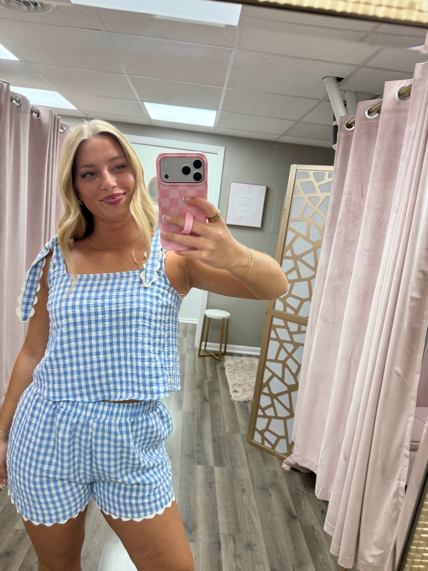 Gingham Square Neck Top