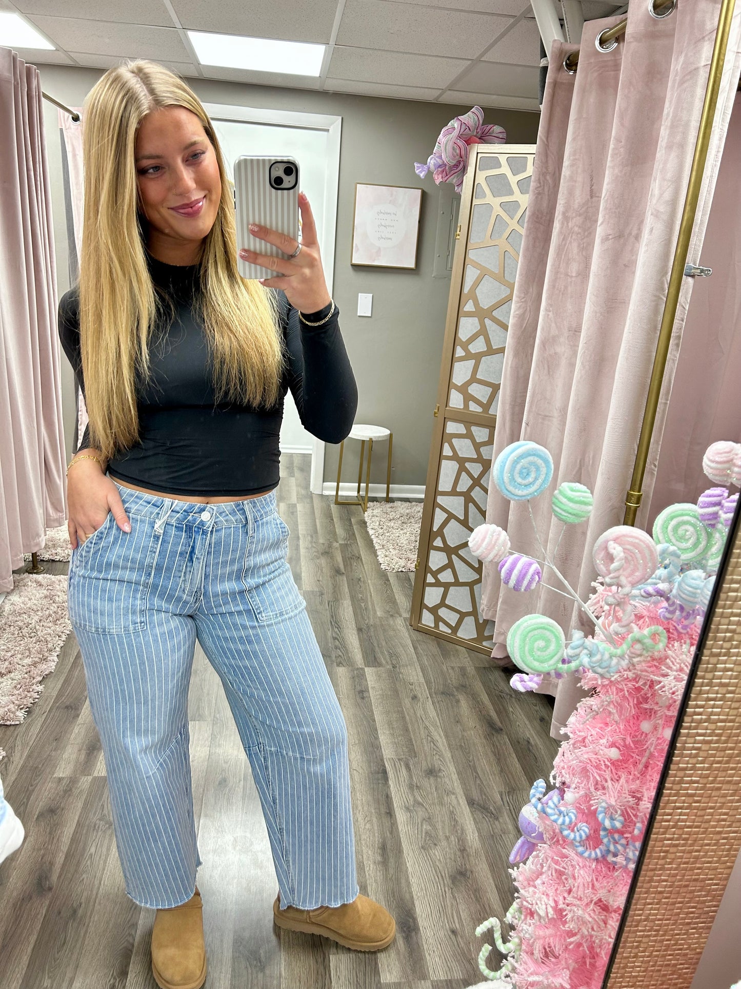 Vervet High Rise Stripe Patch Pocket Barrel Jean