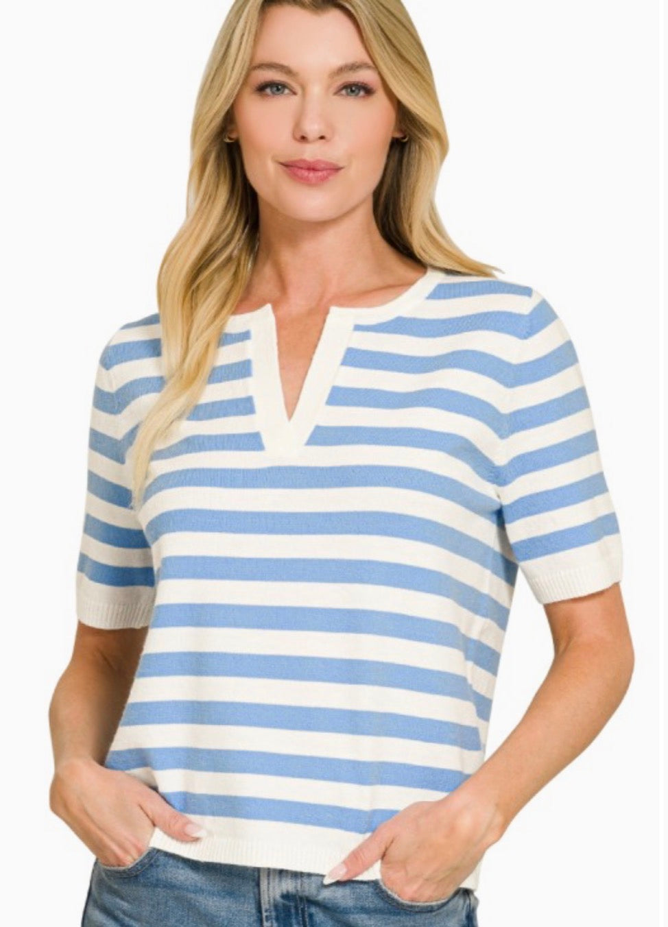 Split Neck Short Sleeve Sweater