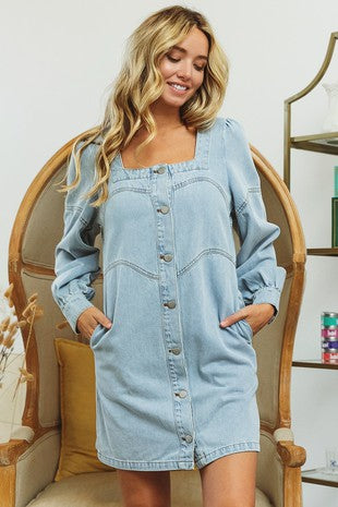 Square Neck Washed Denim Dress