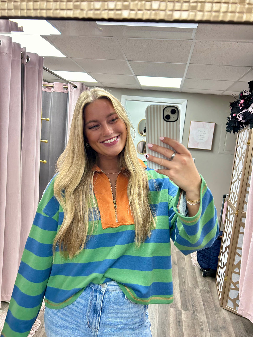 Striped Quarter Zip Collar Sweatshirt