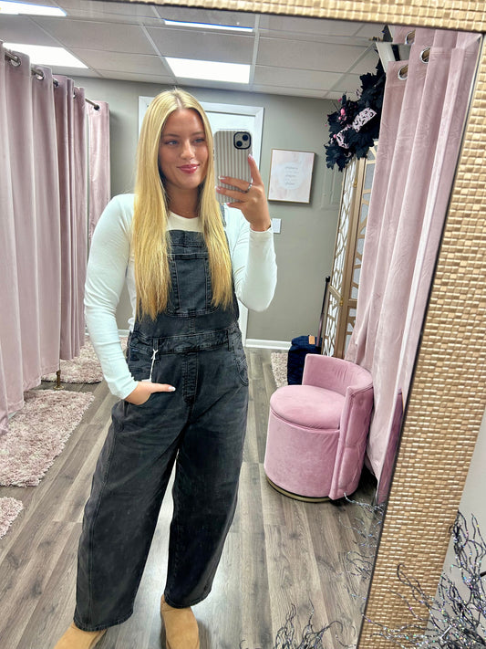 Cello Black Mid Waisted Barrel Overalls