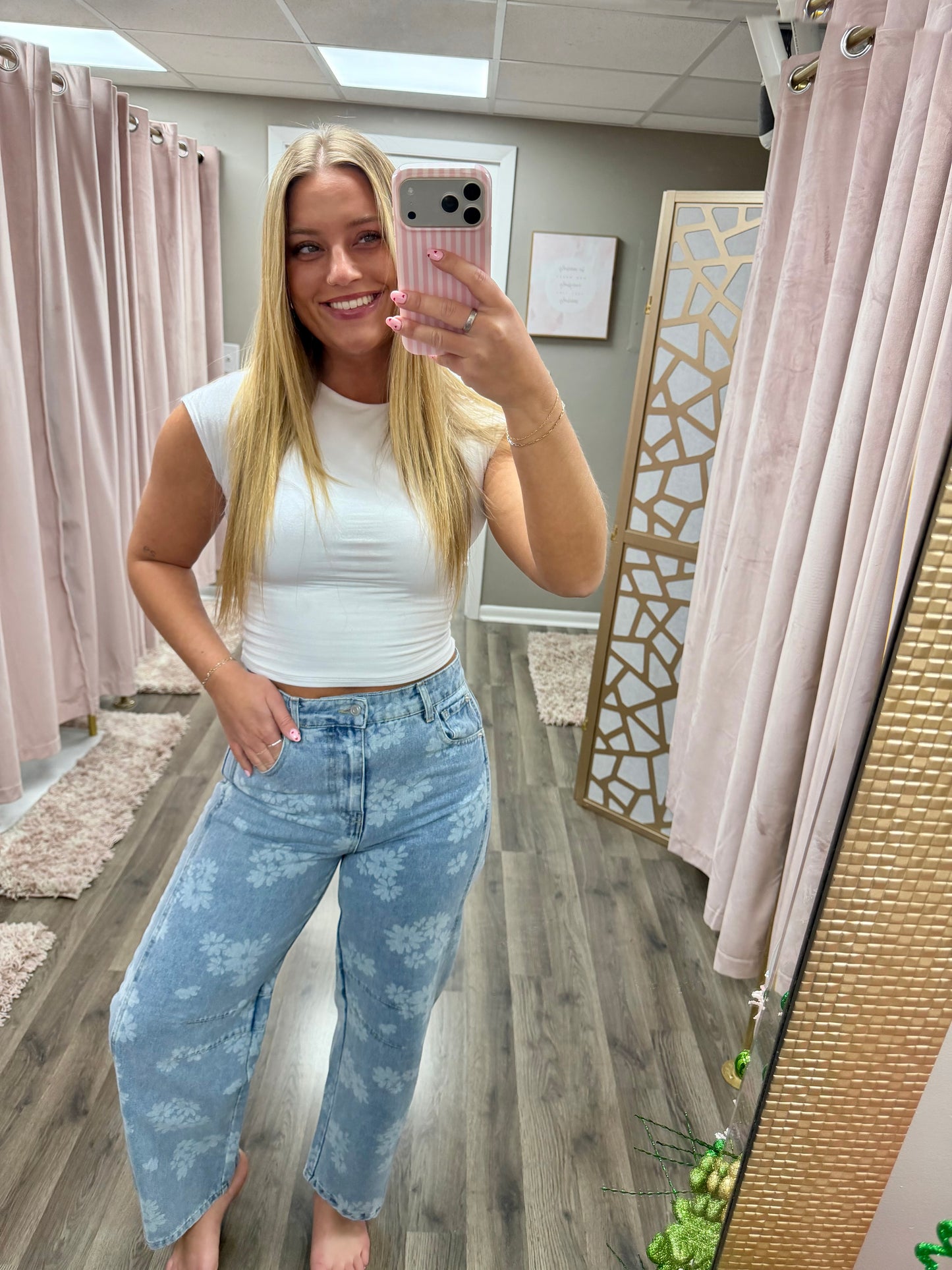 Floral Printed Barrel Jean