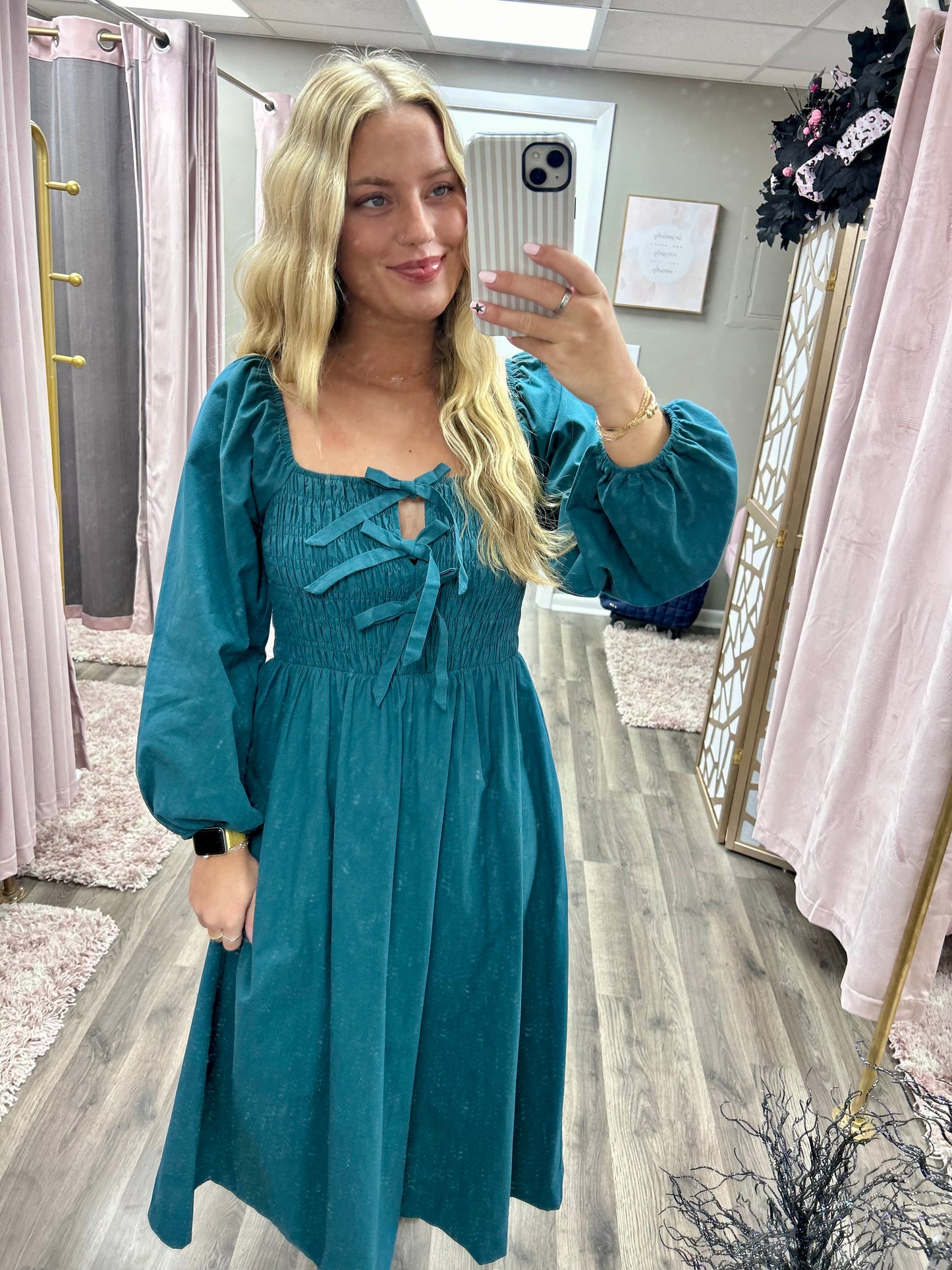 Front Bow Smocked Midi Dress