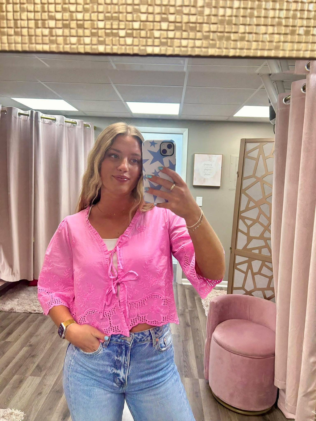 Floral Embroidered Tie Front Blouse