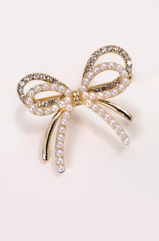 Double Bow Pearl Rhinestone Brooch