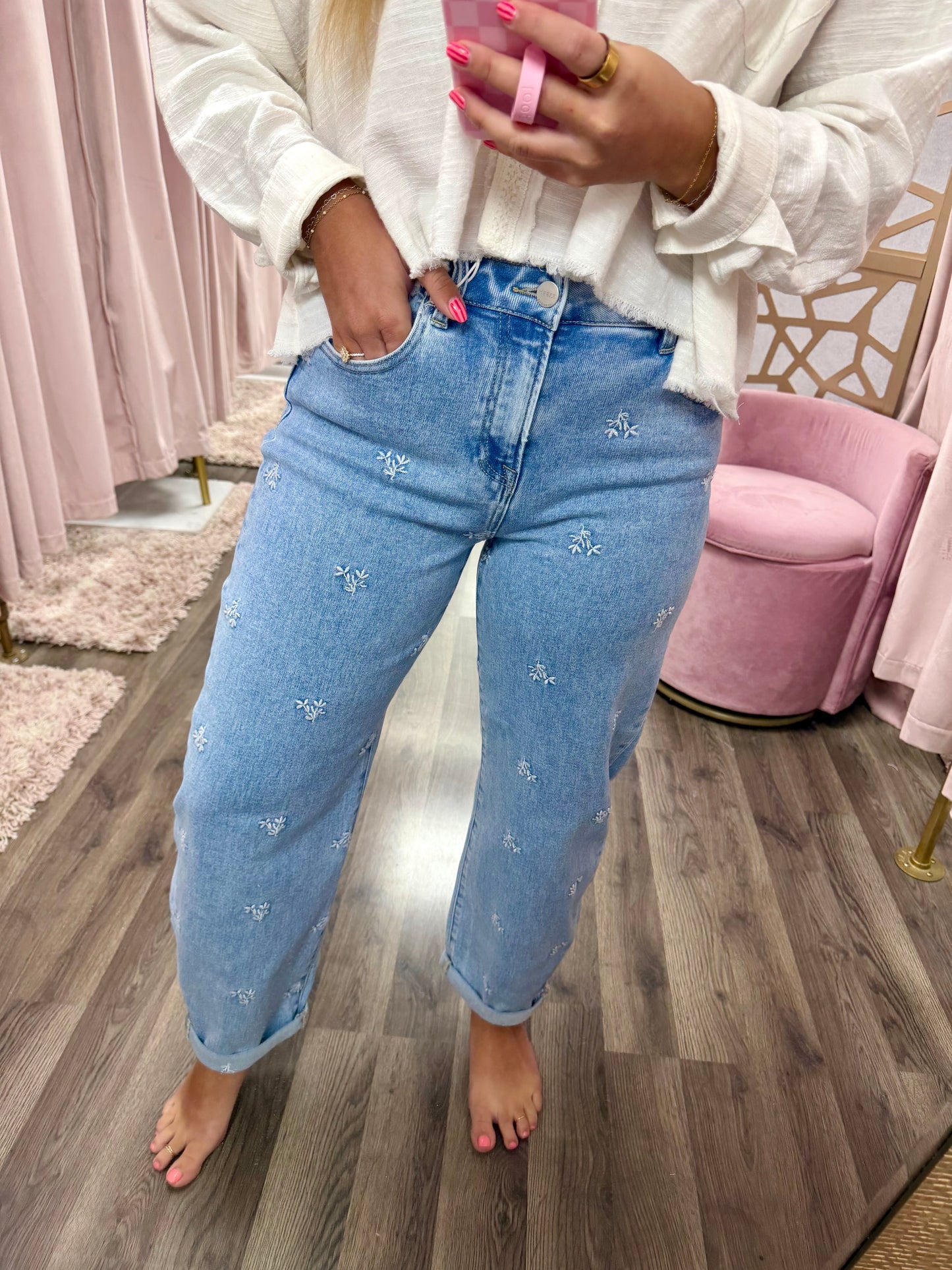 Risen High Rise Embroidered Barrel Jean
