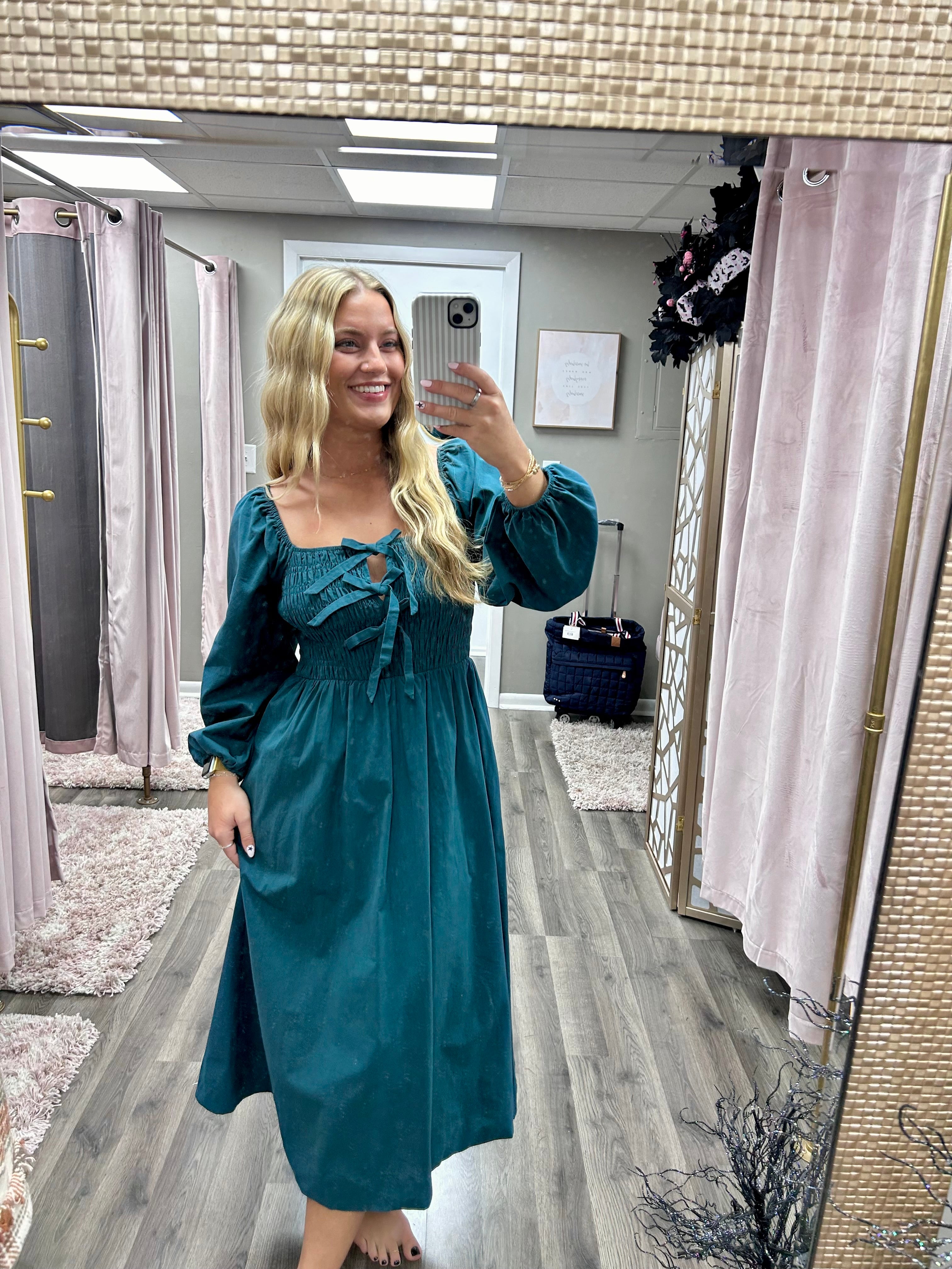 Front Bow Smocked Midi Dress