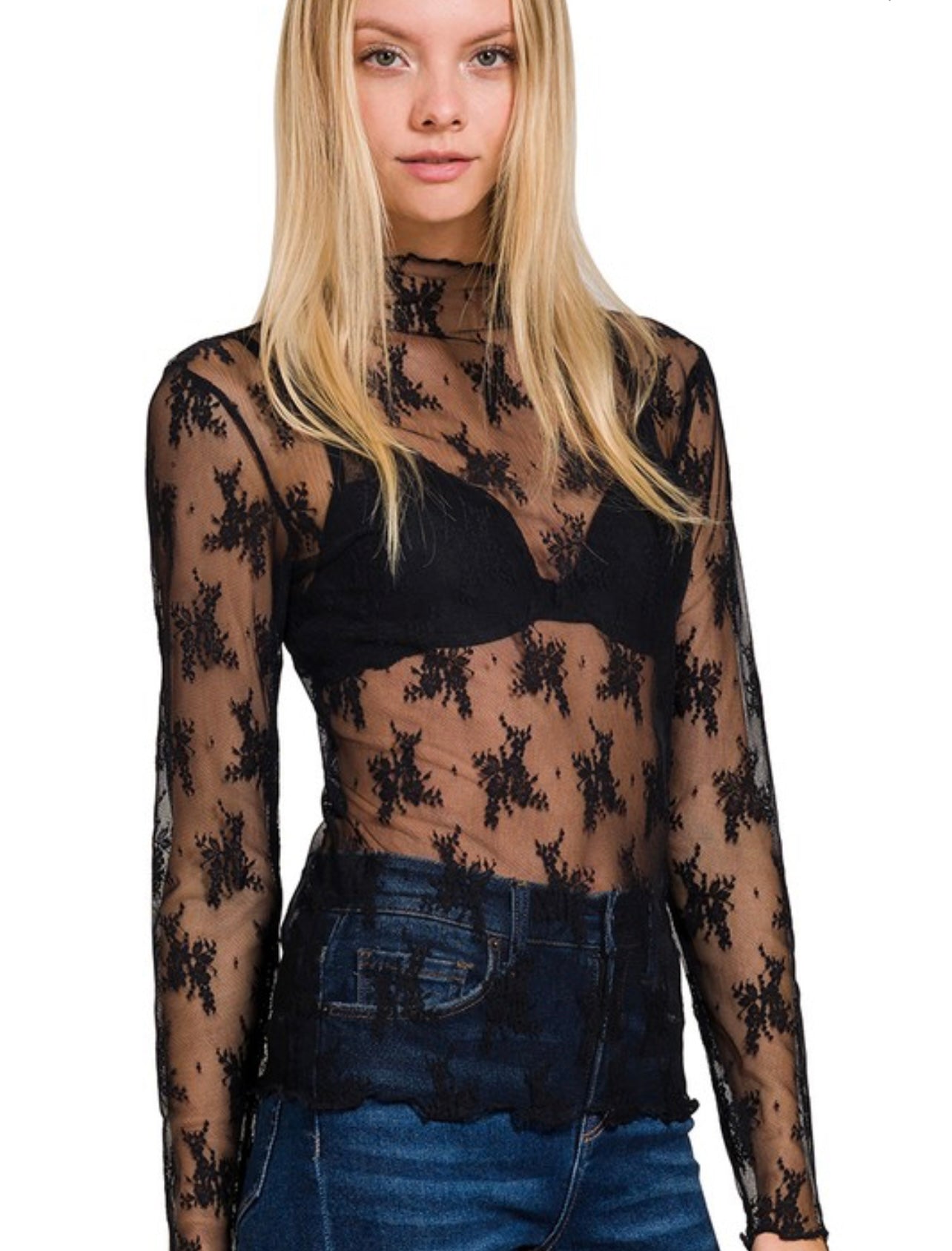 Sheer Mesh Lace Long Sleeve Top