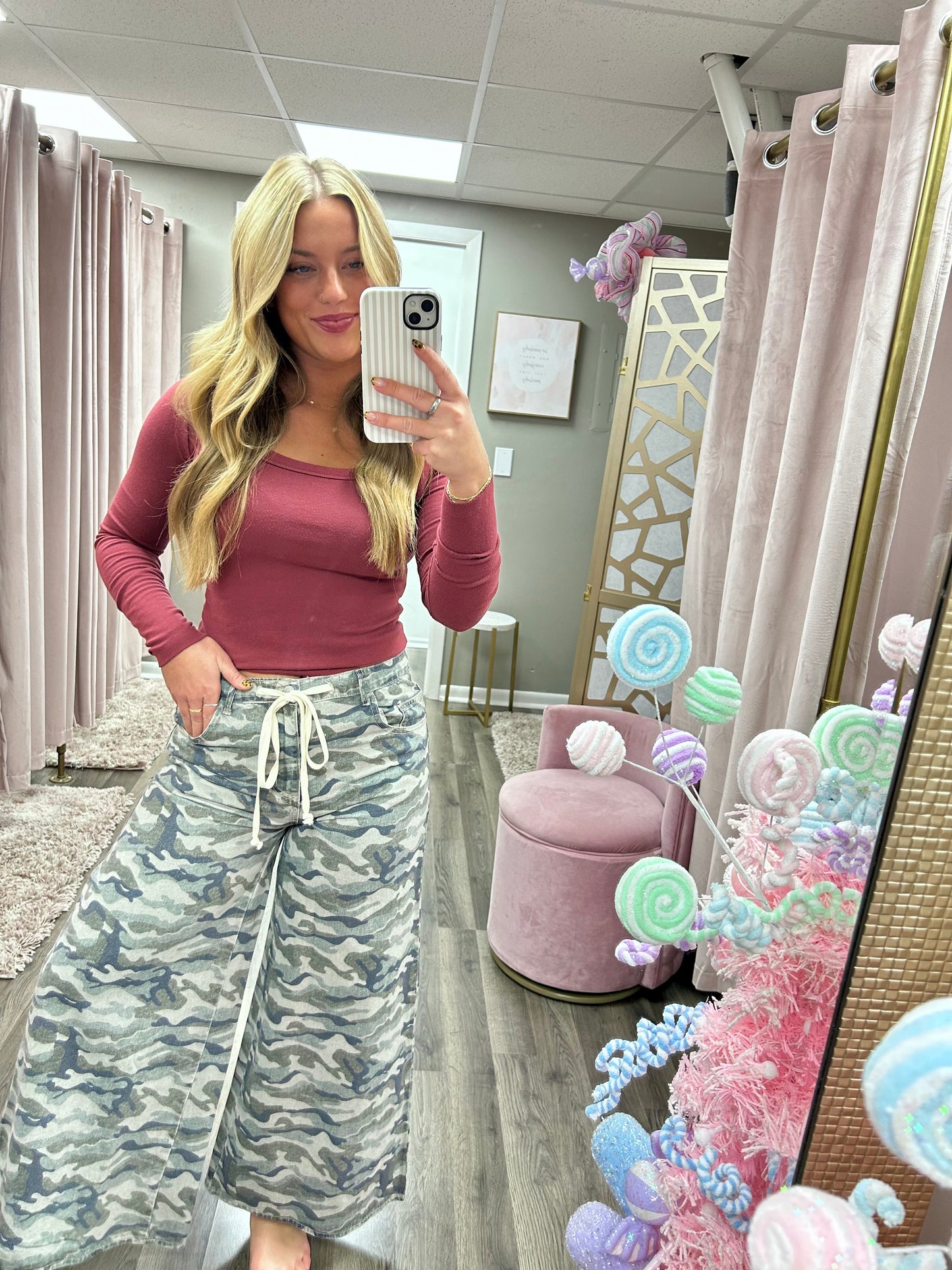 Camo Drawstring Wide Pants