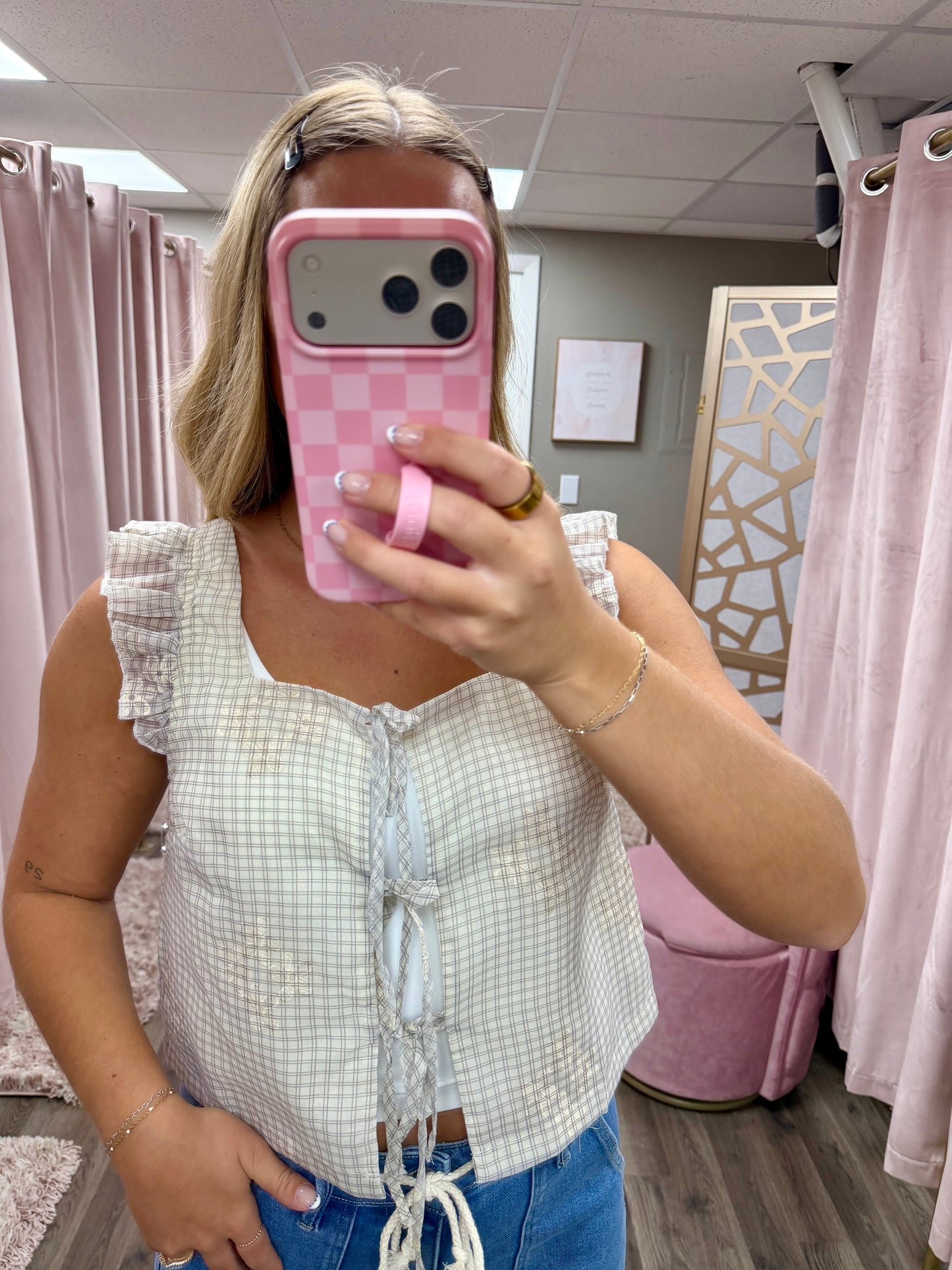 Embroidered Gingham Tie Front Top