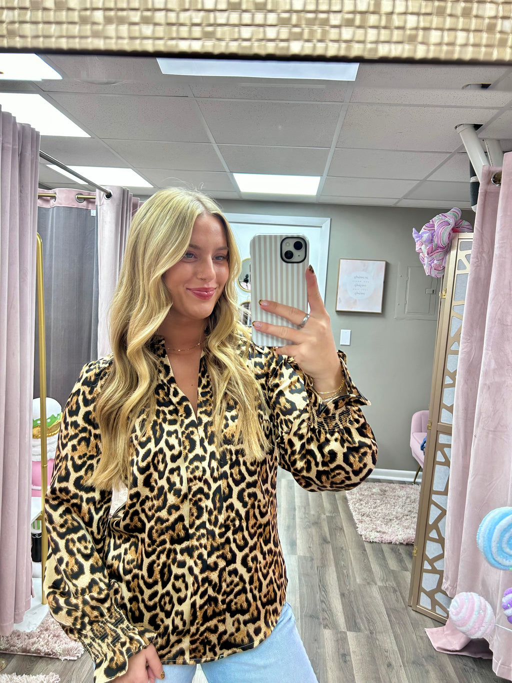 Smocked Detail Leopard Print Blouse