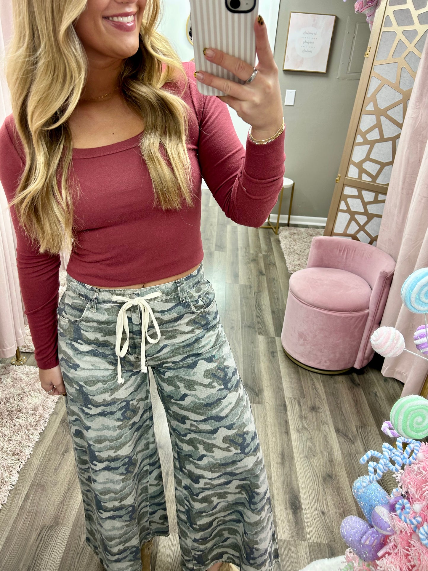 Camo Drawstring Wide Pants