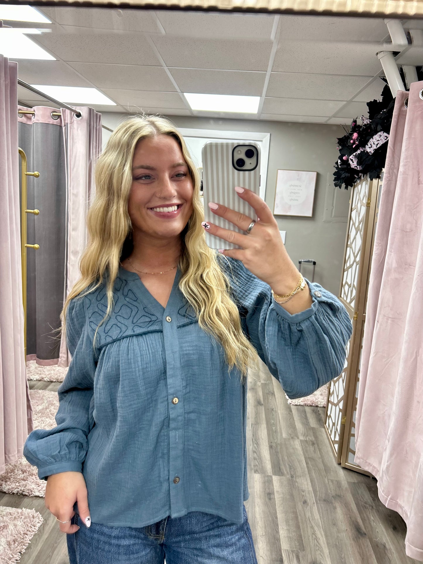 Embroidered Gauze Babydoll Blouse