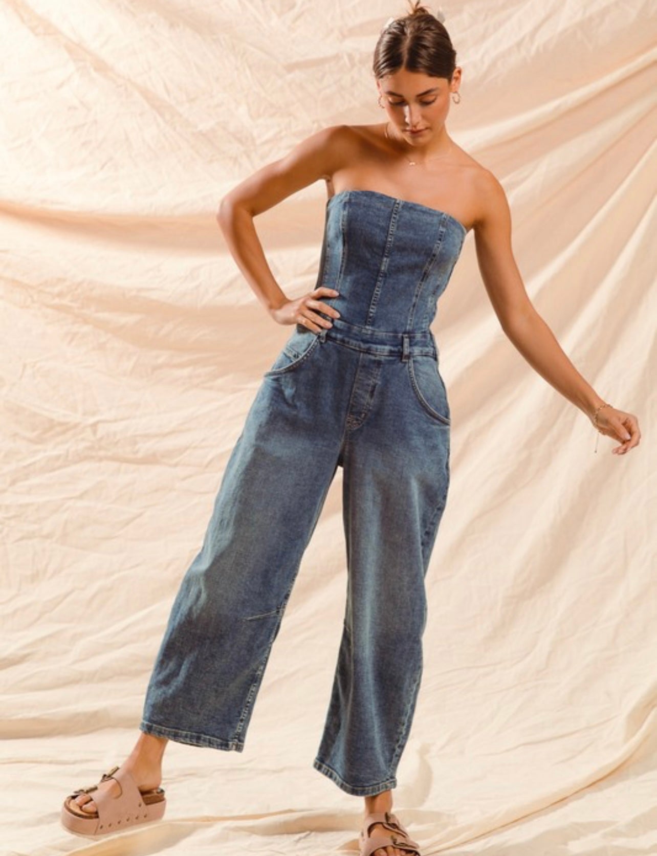 Strapless Barrel Denim Jumpsuit