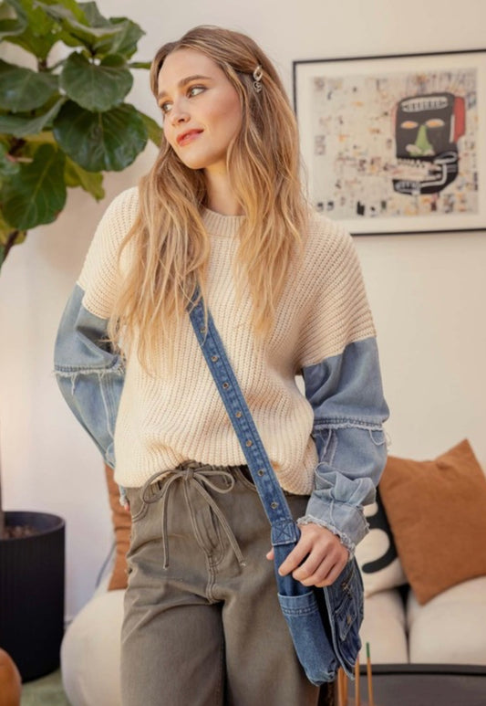 Denim Sleeve Crew Sweater