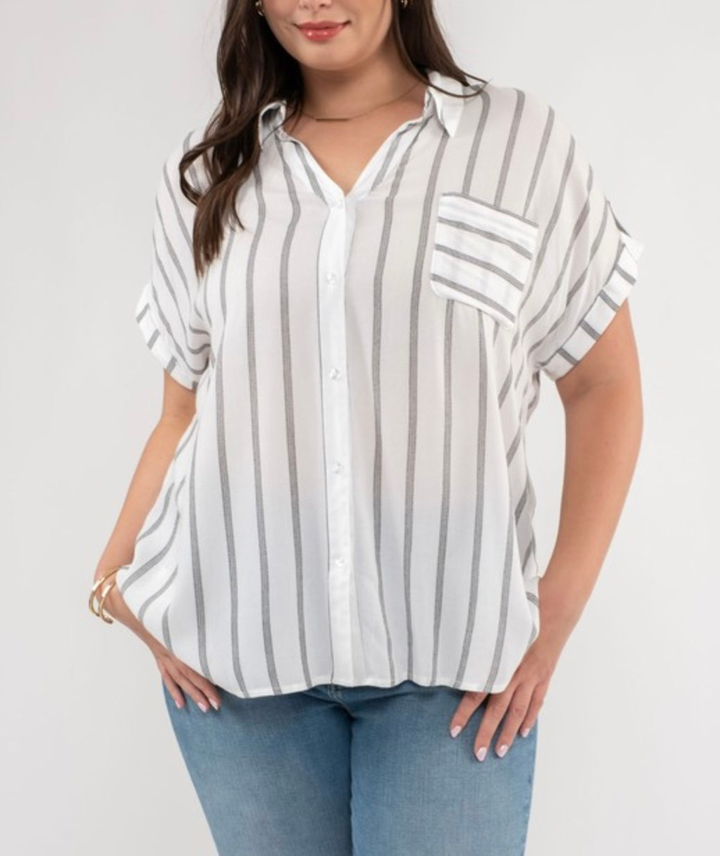 Plus Stripe Roll Up Sleeve Top