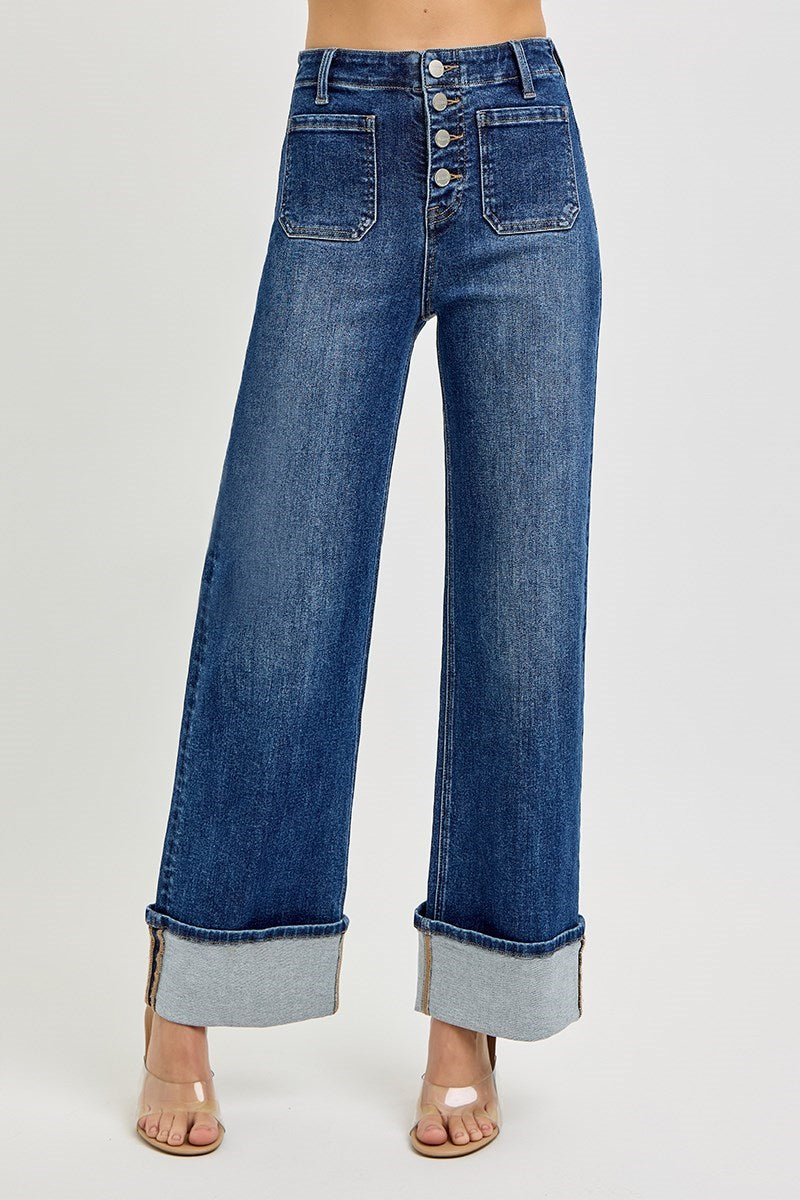 Risen High Rise Button Front Wide Jean