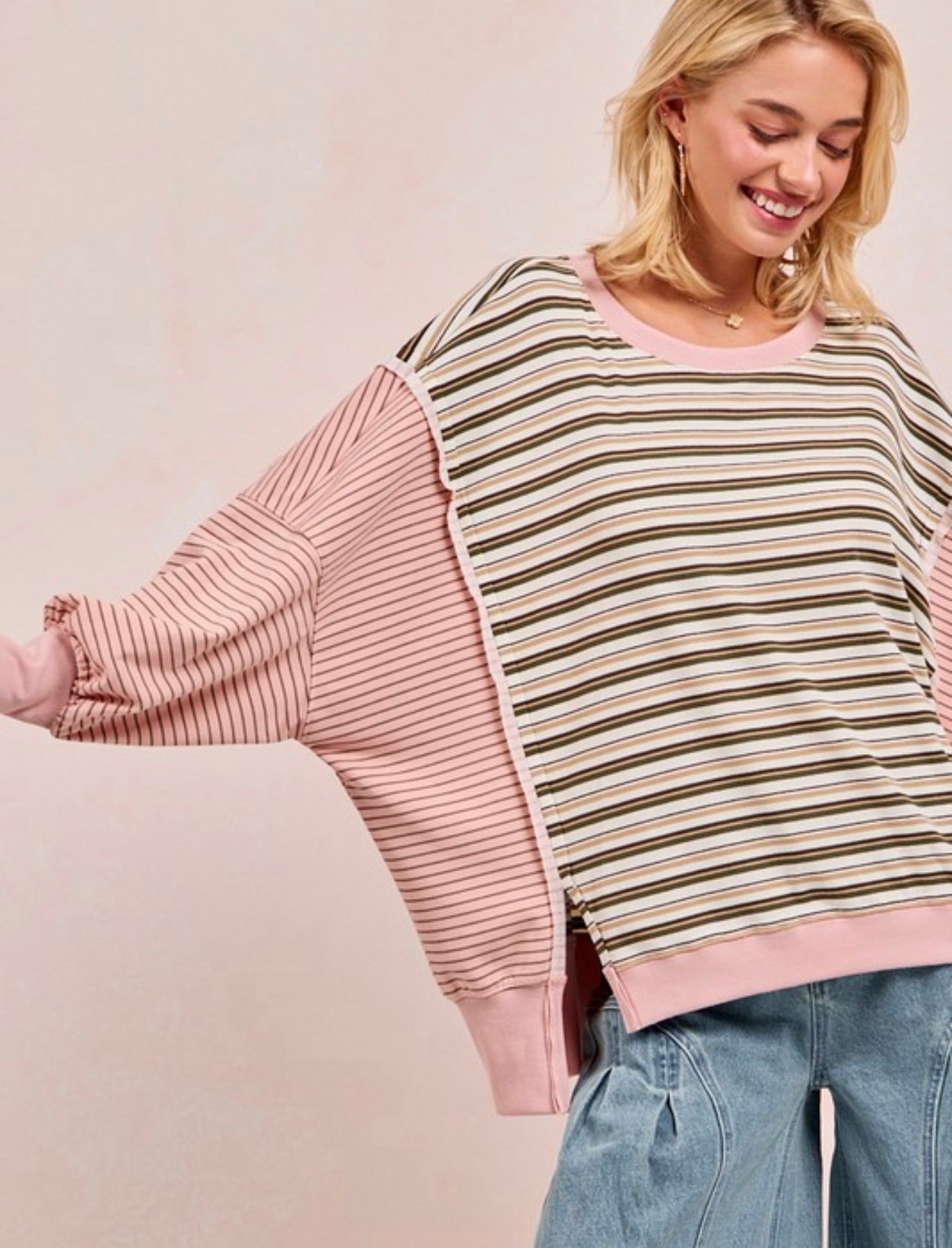 Stripe Mixed Top with Cut Edge Detailing
