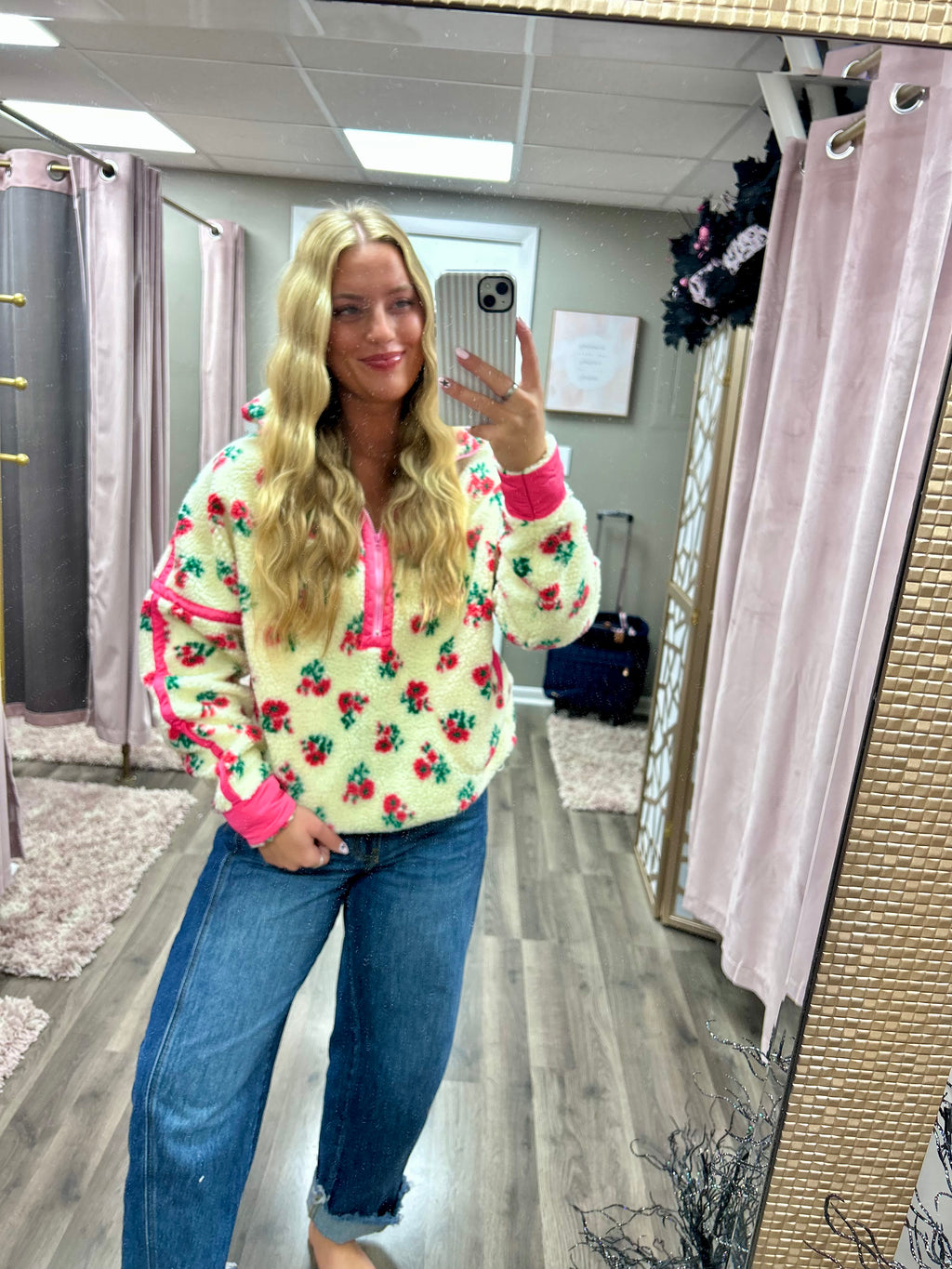 Rose Fleece Floral Half Zip Jacket