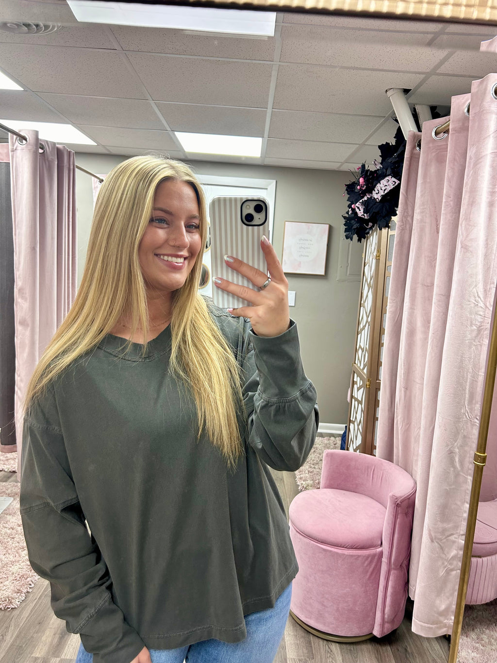 Pigment Washed V Neck Long Sleeve