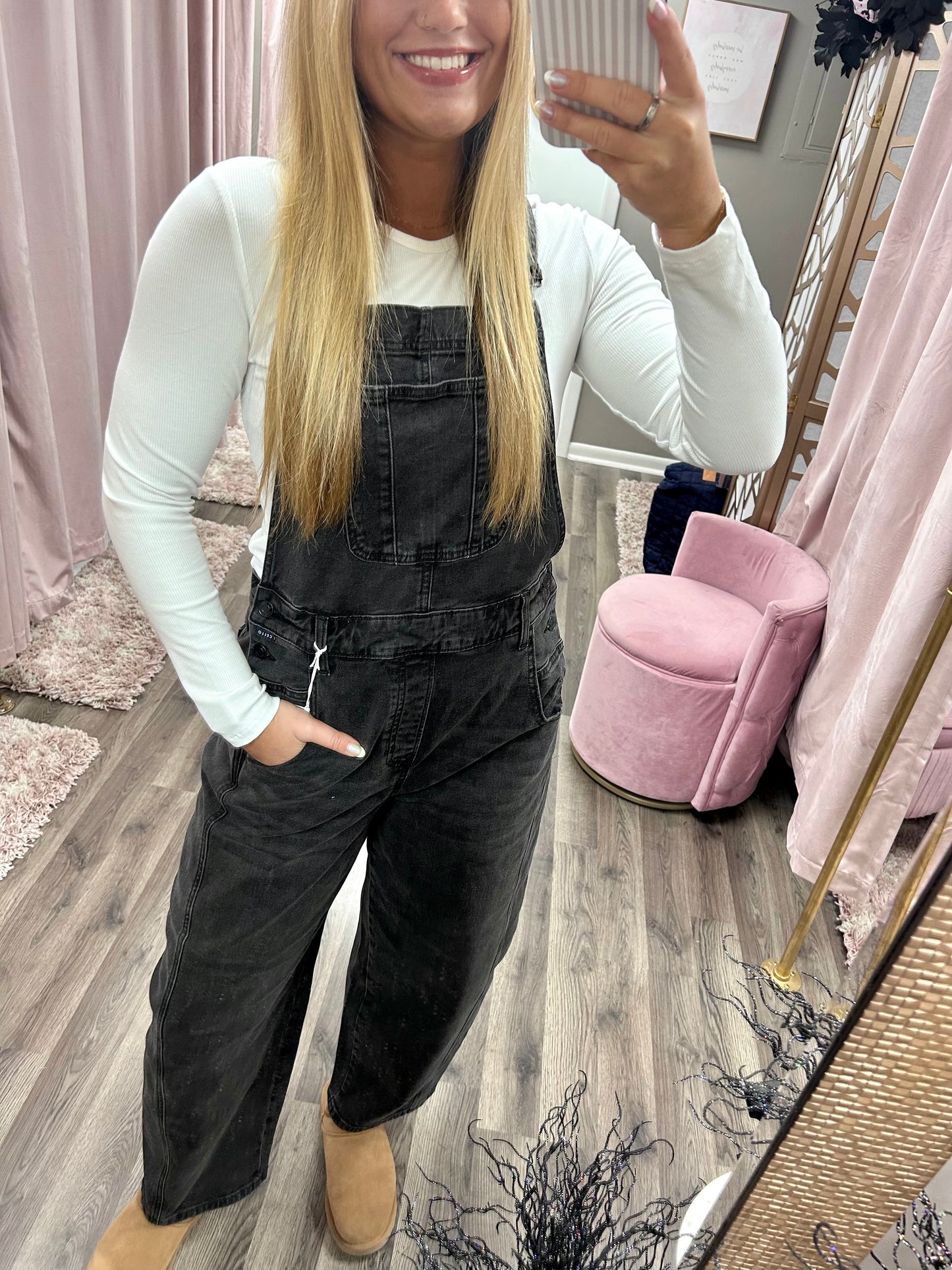 Cello Black Mid Waisted Barrel Overalls