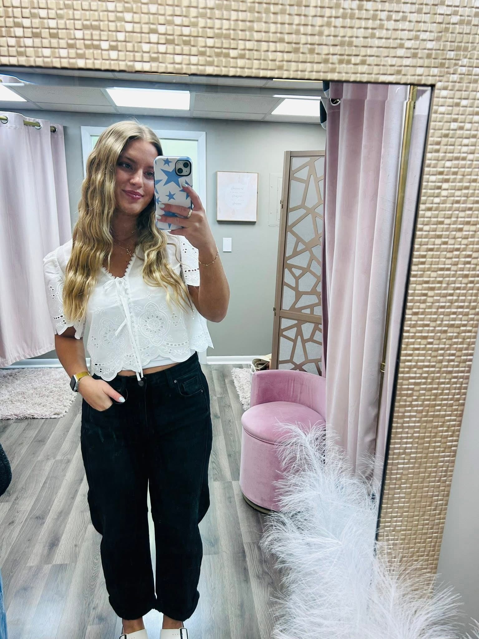 Embroidered Tie Front Scallop Top